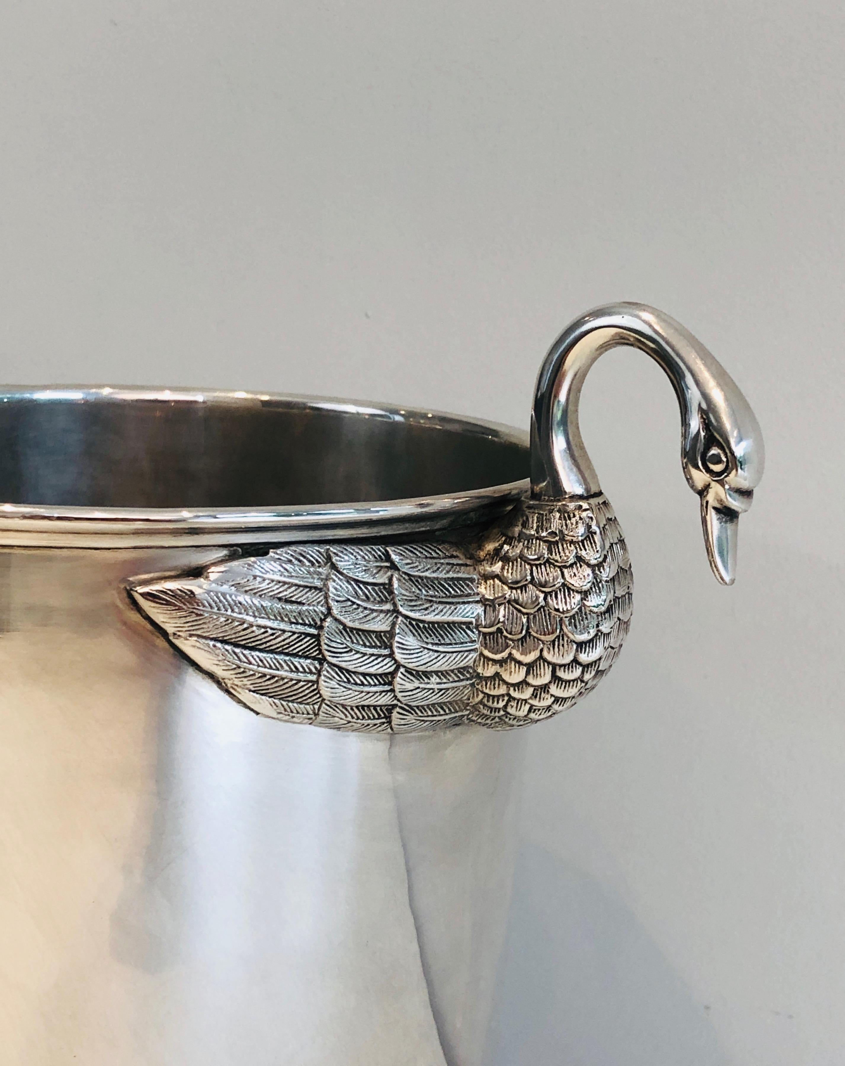 Mid-20th Century Attributed to Christofle, Silver Plated Ice Bucket with Swans, French, 1940s For Sale
