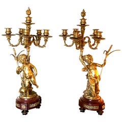 Used CLODION - French Pair of Candelabra Ormolu & Red Marble with Putti - 19th France