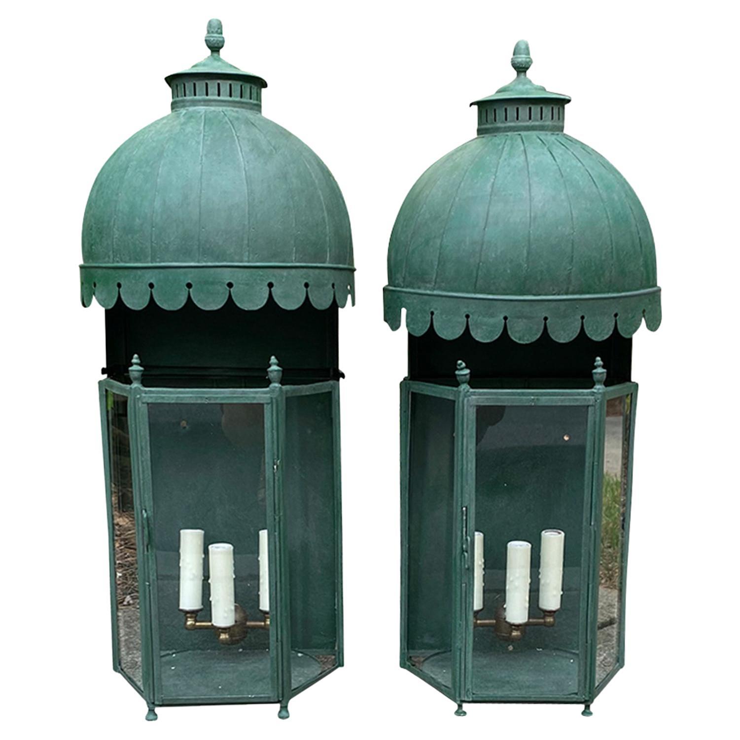 Attributed to Colefax & Fowler Painted Tole Wall Lanterns, Custom Finish