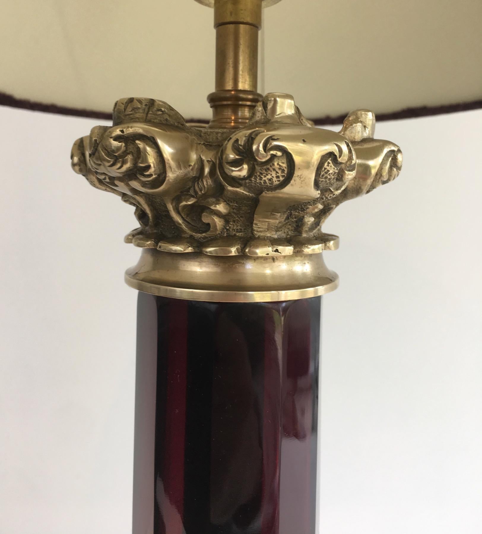 Attributed to Cristal & Bronze Paris, Tall Red Crystal and Chiseled Bronze Table For Sale 3