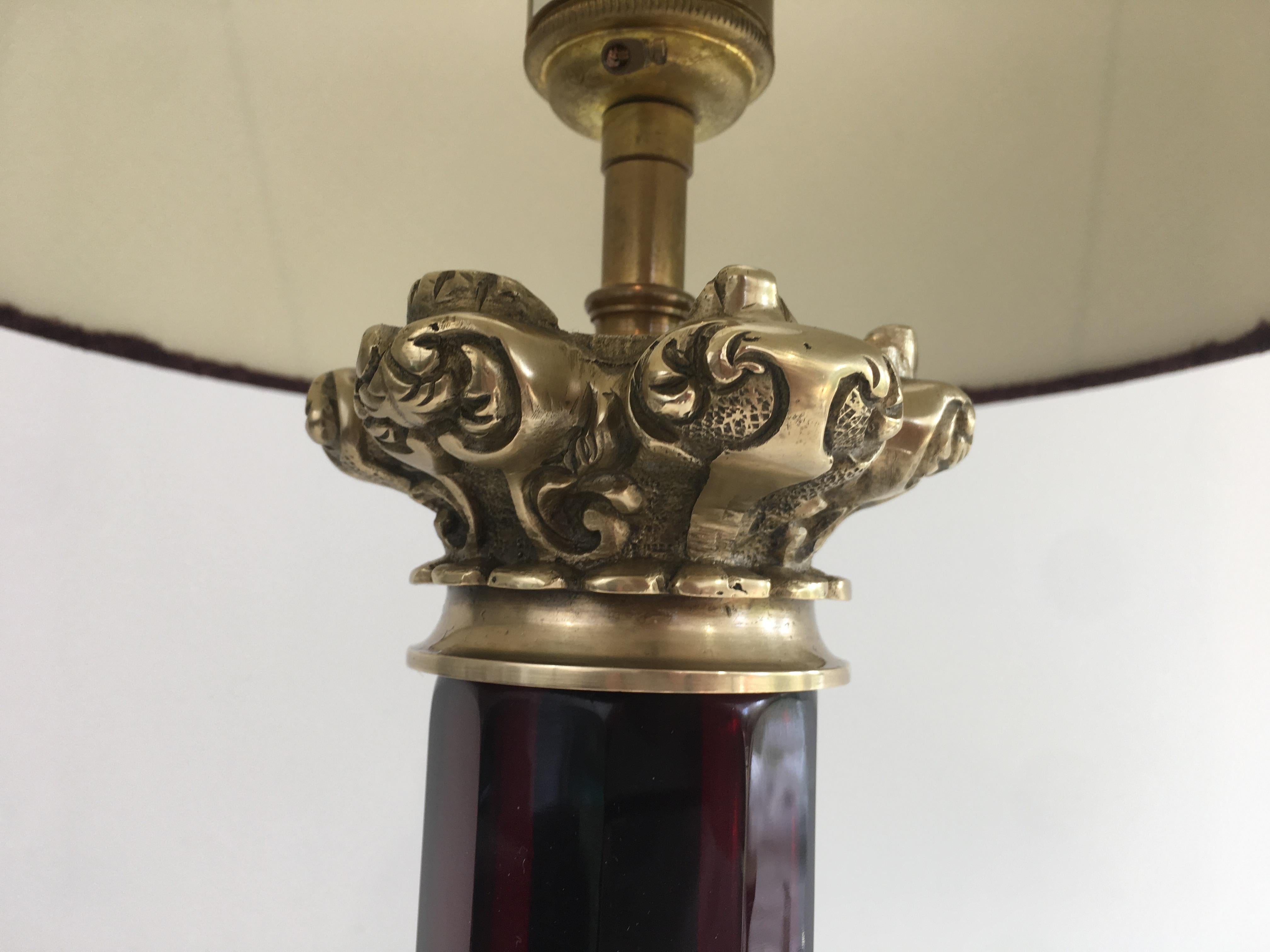 Attributed to Cristal & Bronze Paris, Tall Red Crystal and Chiseled Bronze Table For Sale 6