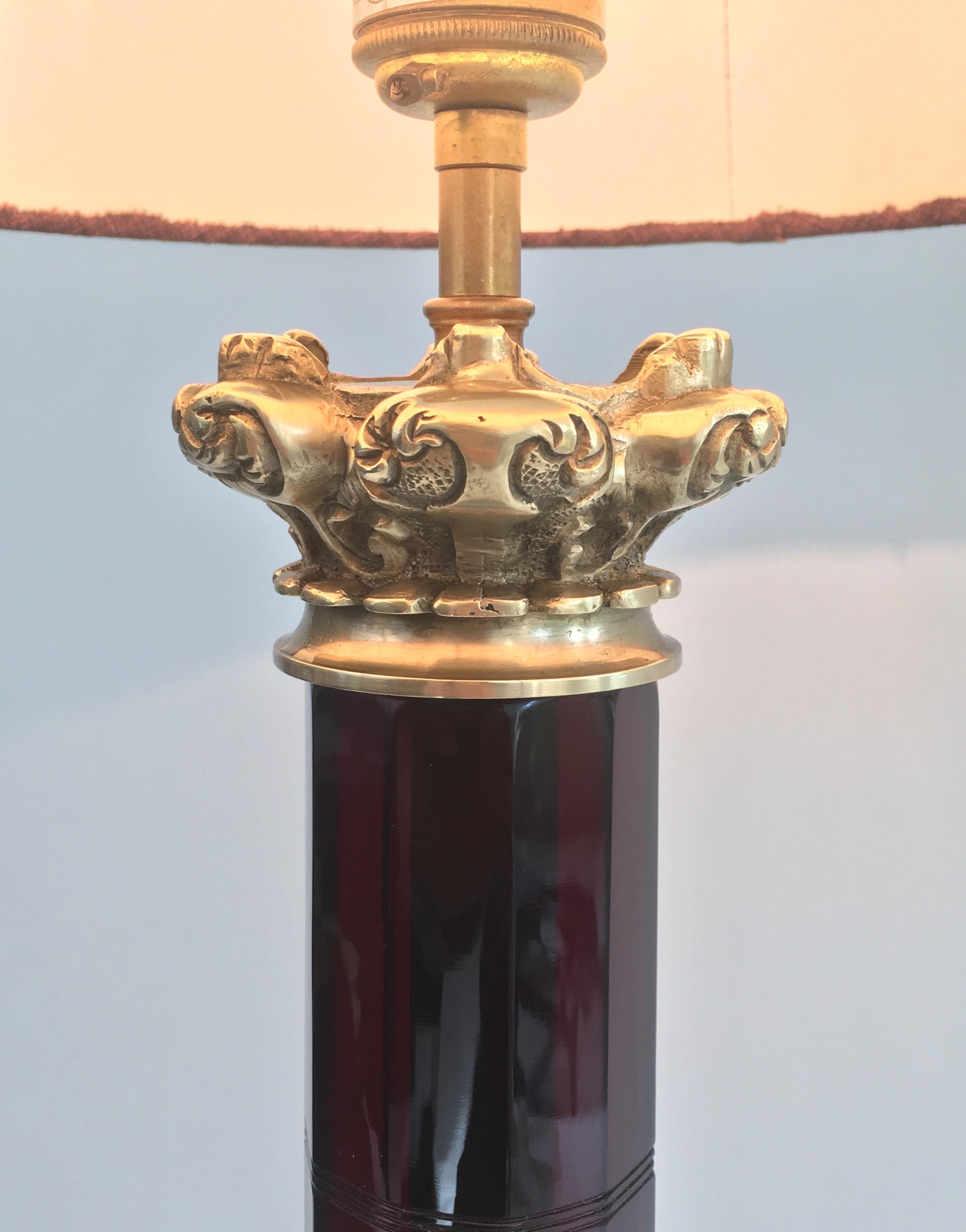 French Attributed to Cristal & Bronze Paris, Tall Red Crystal and Chiseled Bronze Table For Sale