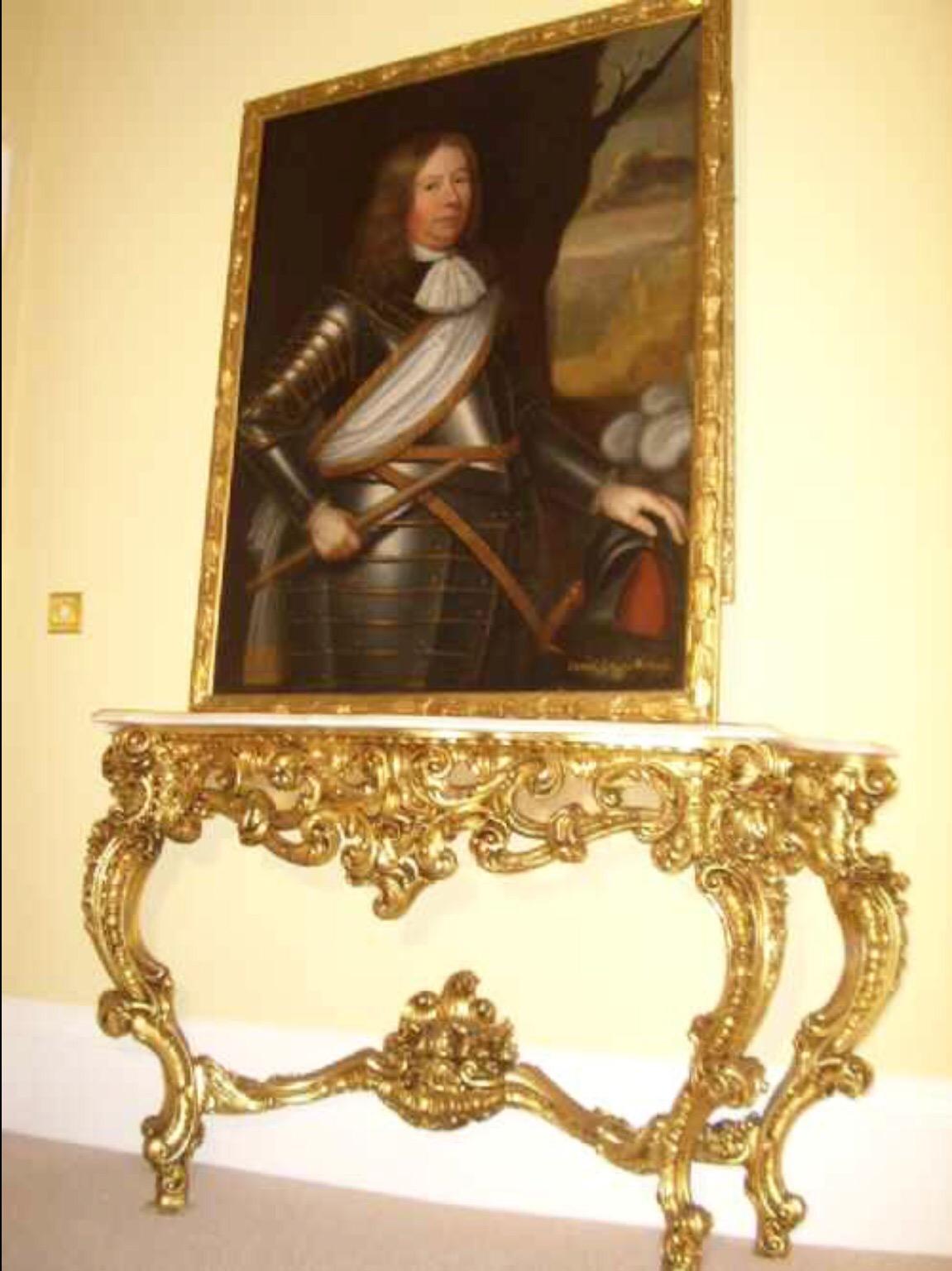 A fine three quarter late 17th century oil portrait on canvas presented in a period carved wooden gilded frame.

SITTER
DAVID 2ND EART WEMYSS wears his full suit of gleaming armour almost tailored to his substantial size,a weightly looking gentleman