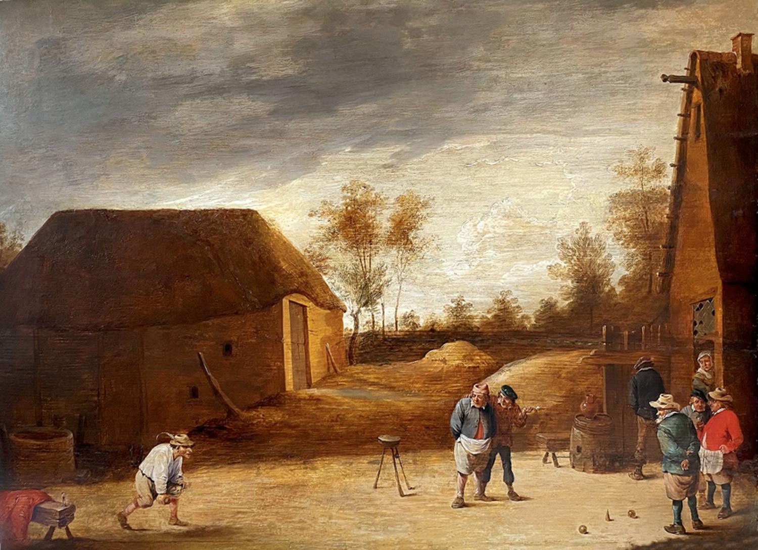 Peasants Playing Bowls Outside an Inn, 17th Century Oil on Oak Old Master