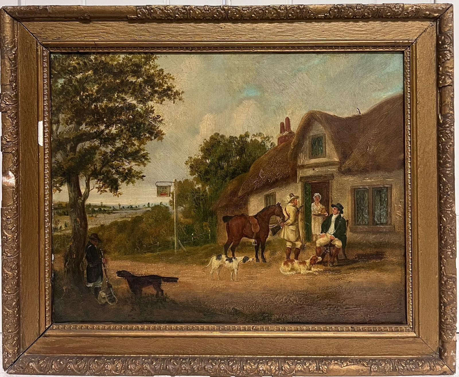 Antikes englisches Ölgemälde, Gentleman Squire mit Pferd, außerhalb der Dorf Tavern, antik – Painting von Attributed to Dean Wolstenholme Snr (1757-1837)