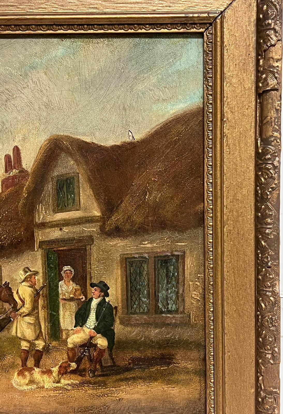 Antique English Oil Painting Gentleman Squire with Horse outside Village Tavern For Sale 1