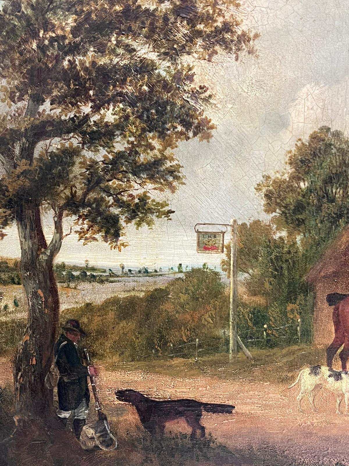 Antique English Oil Painting Gentleman Squire with Horse outside Village Tavern For Sale 3