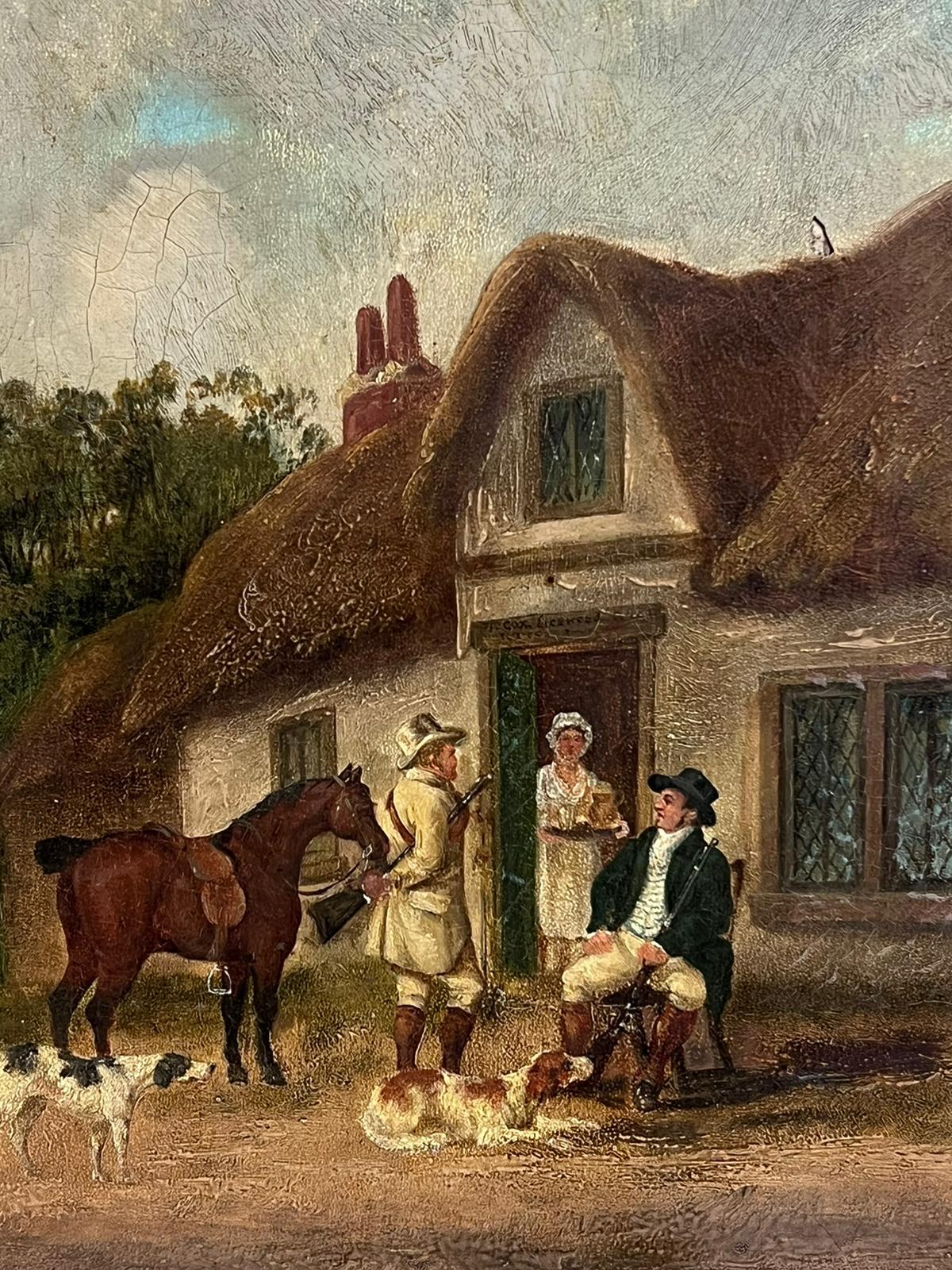 Antique English Oil Painting Gentleman Squire with Horse outside Village Tavern For Sale 4