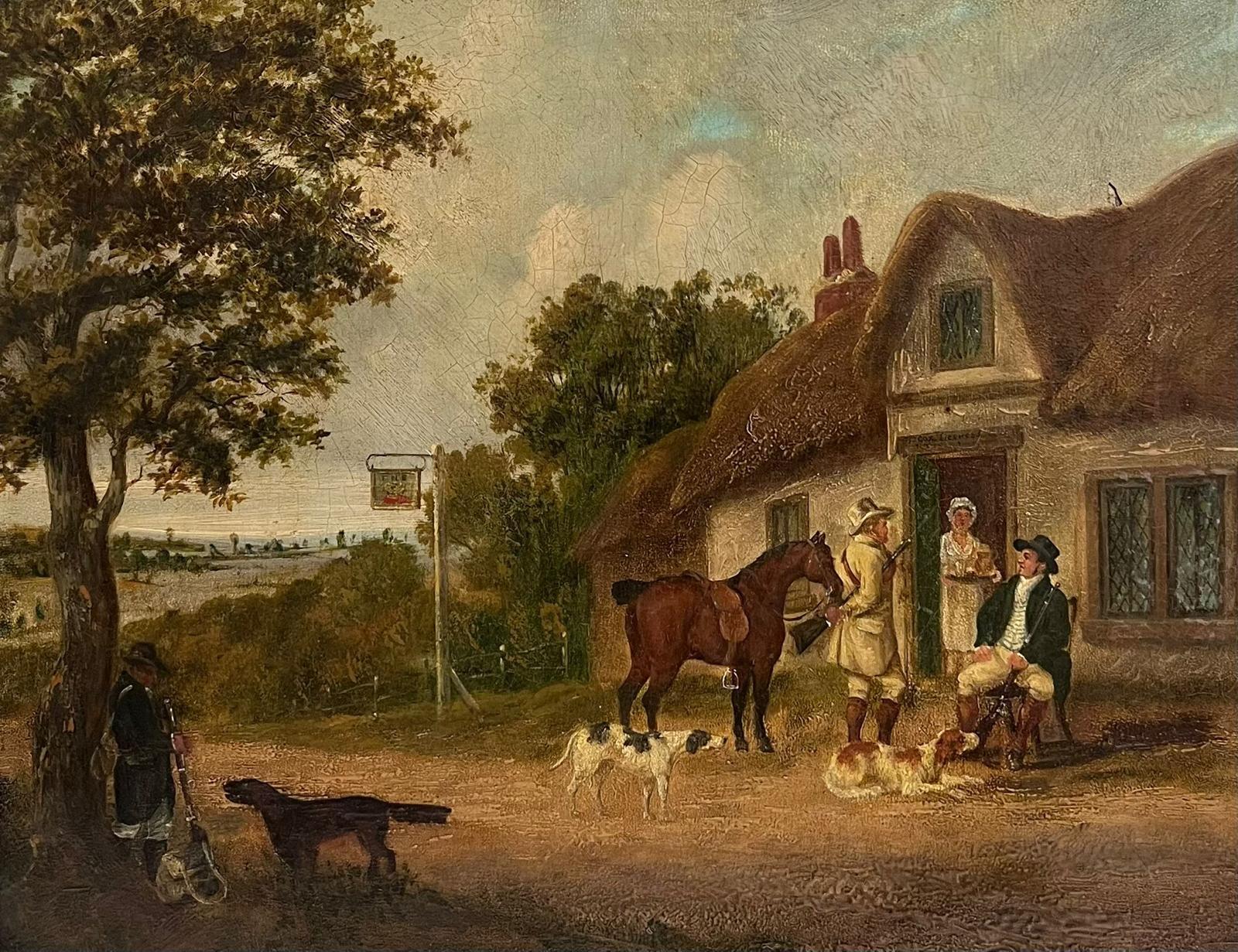 Antique English Oil Painting Gentleman Squire with Horse outside Village Tavern