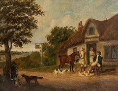 Peinture à l'huile anglaise ancienne Gentleman Squire with Horse outside Village Tavern