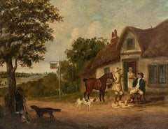 Antique English Oil Painting Gentleman Squire with Horse outside Village Tavern