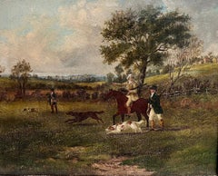 Pittura a olio inglese del primo Ottocento Gentiluomo di campagna che spara in un paesaggio