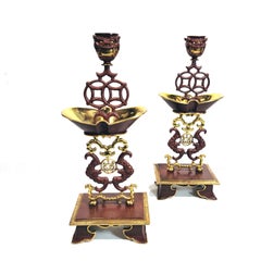 Attributed to Escalier de Cristal Bronze Chinoiserie/ Japonisme Candle Holders