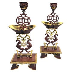 Attributed to Escalier de Cristal Bronze Chinoiserie/ Japonisme Candle Holders