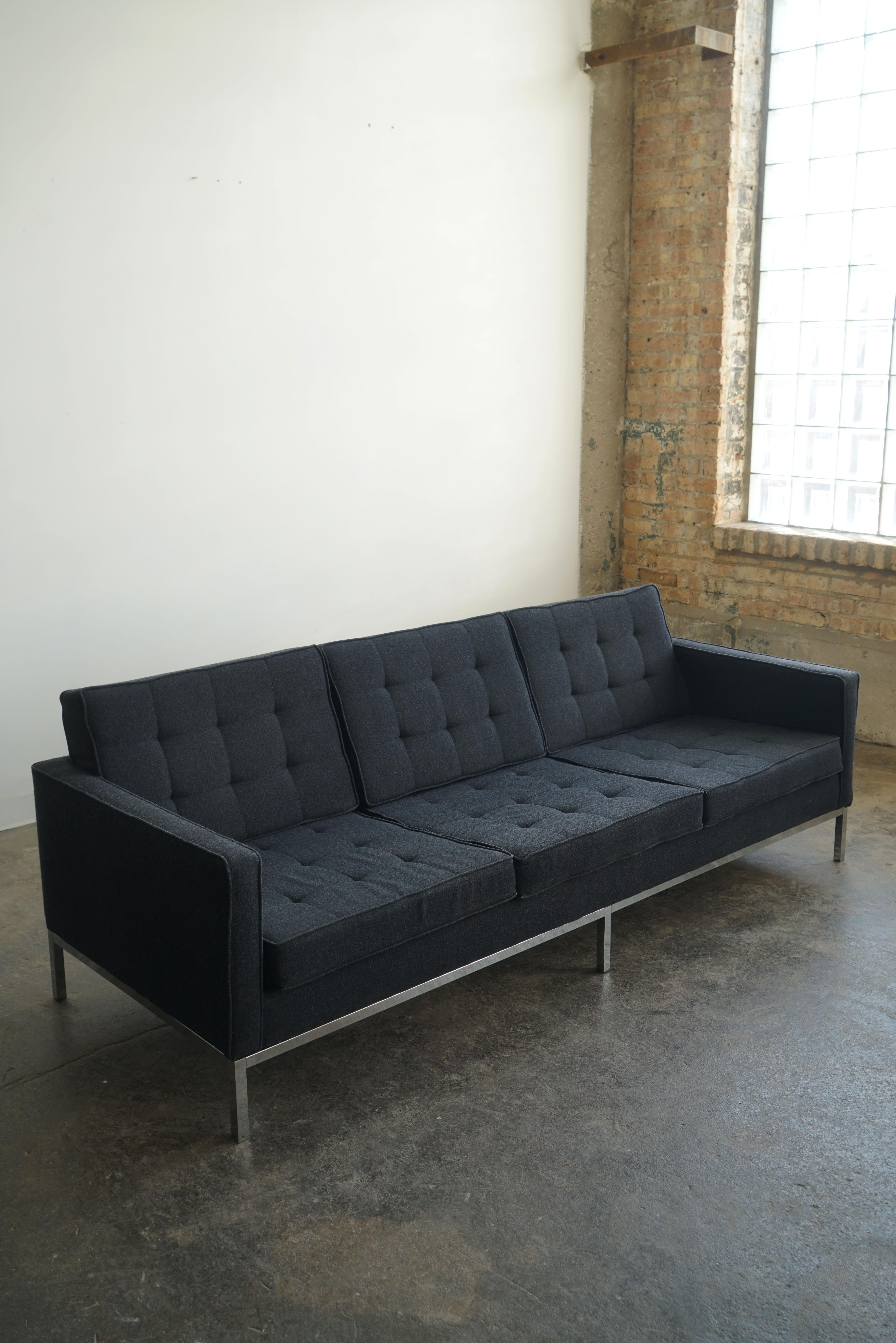 Mid-Century Modern Attributed to Florence Knoll Three-Seat Mid Century Sofa in black upholstery  For Sale