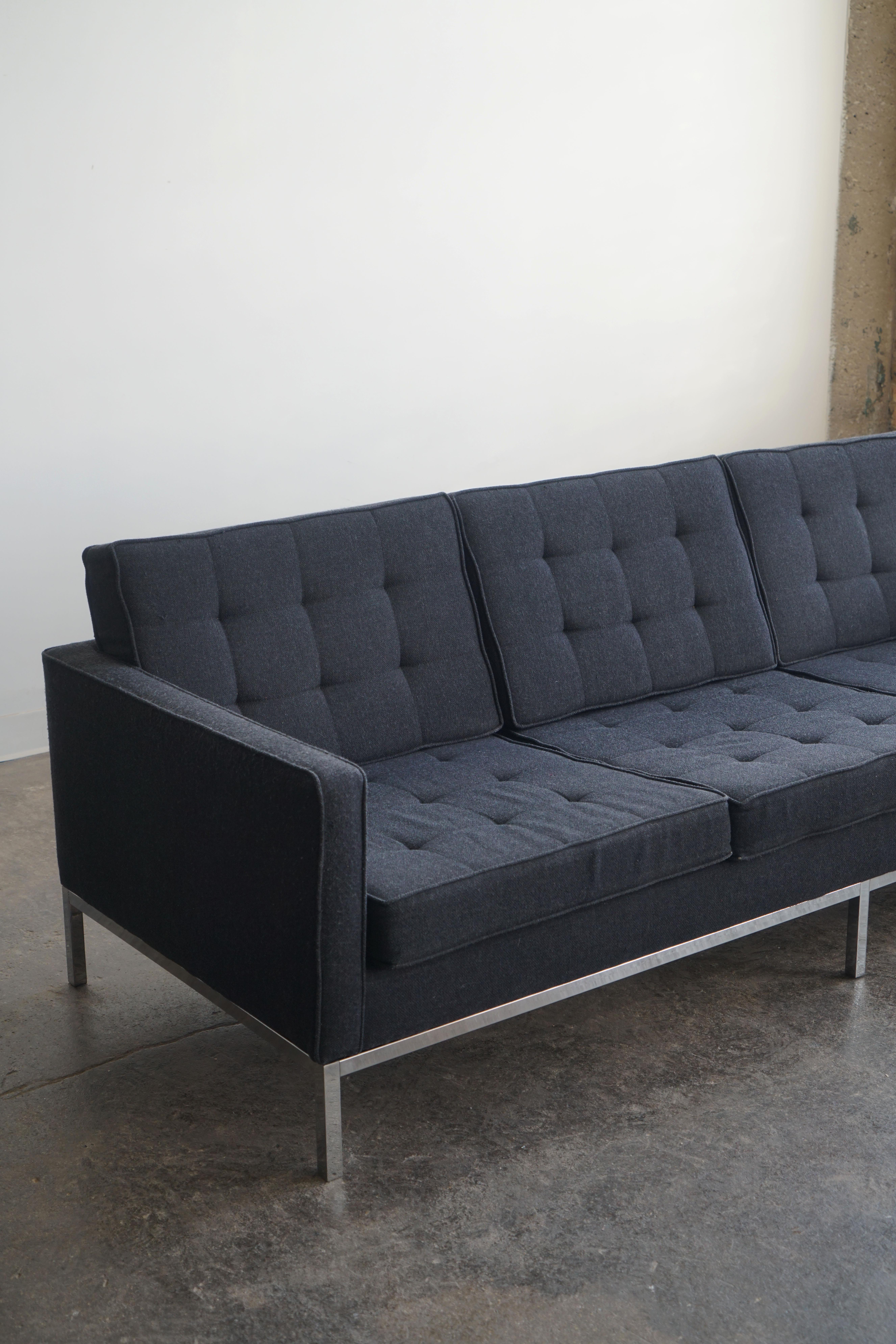 Attributed to Florence Knoll Three-Seat Mid Century Sofa in black upholstery  In Good Condition For Sale In Chicago, IL