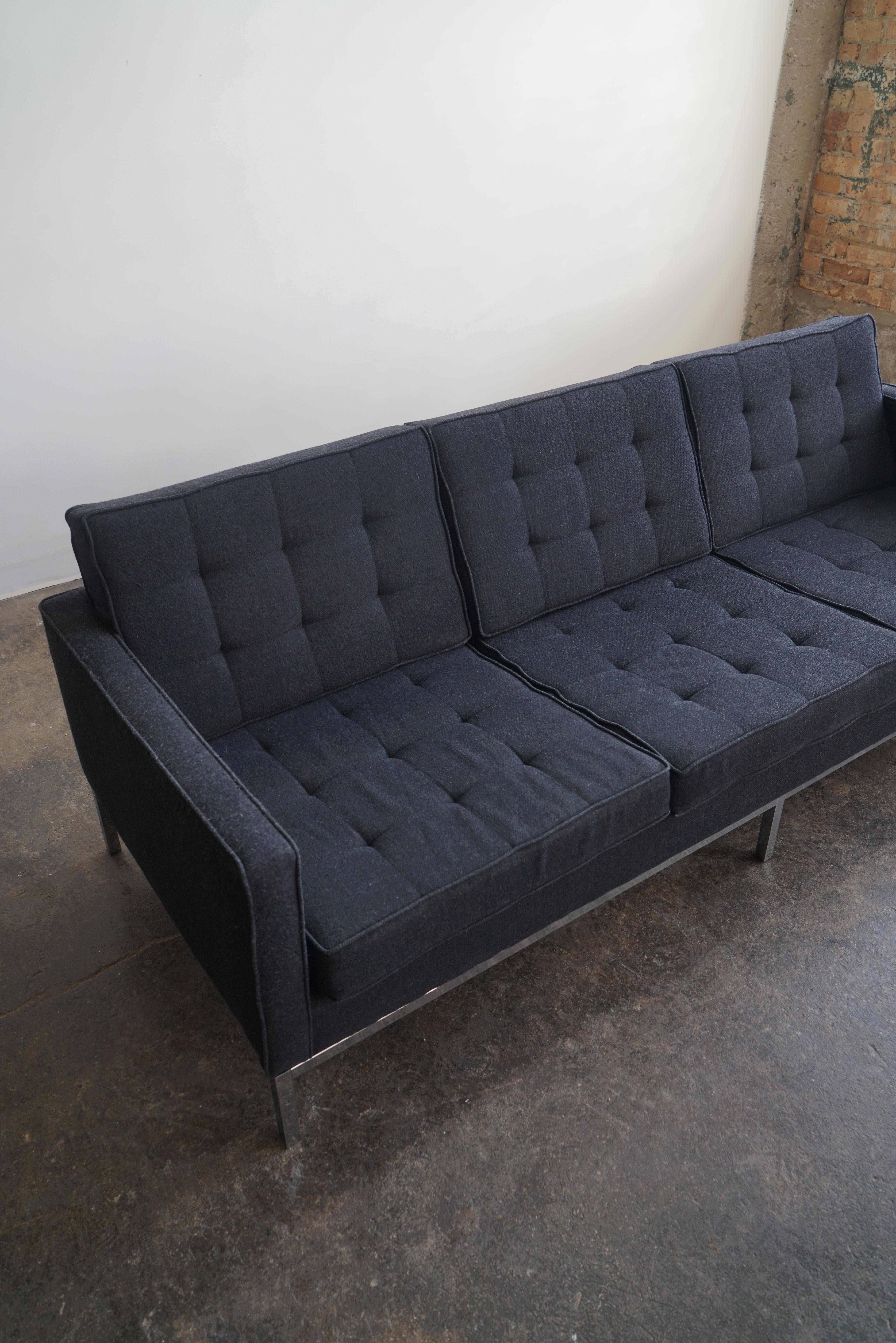 Chrome Attributed to Florence Knoll Three-Seat Mid Century Sofa in black upholstery  For Sale