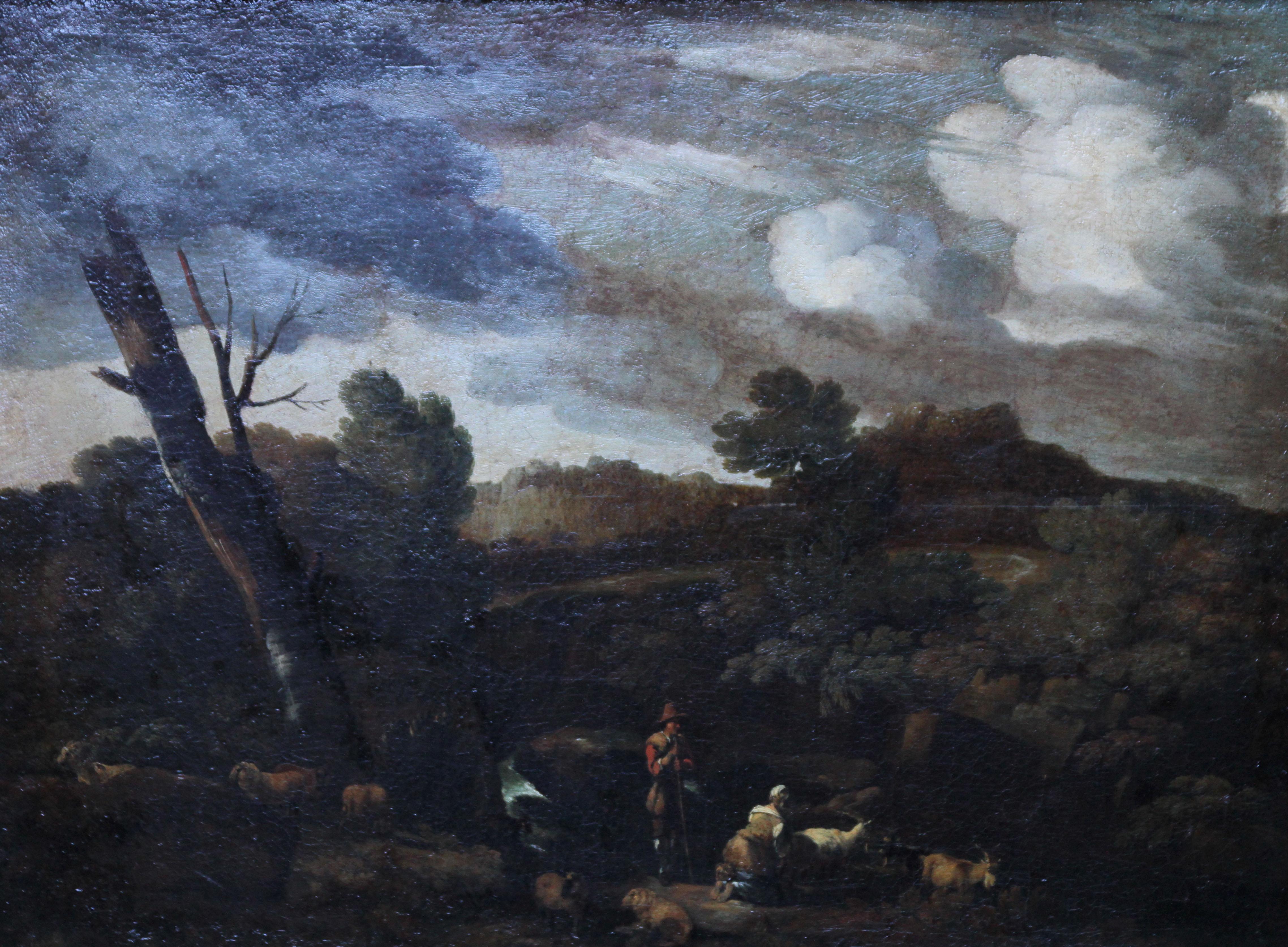 Arcadian Italian Landscape - Old Master 17thC French oil painting herdsman sheep - Painting by (Attributed to) Gaspard Dughet