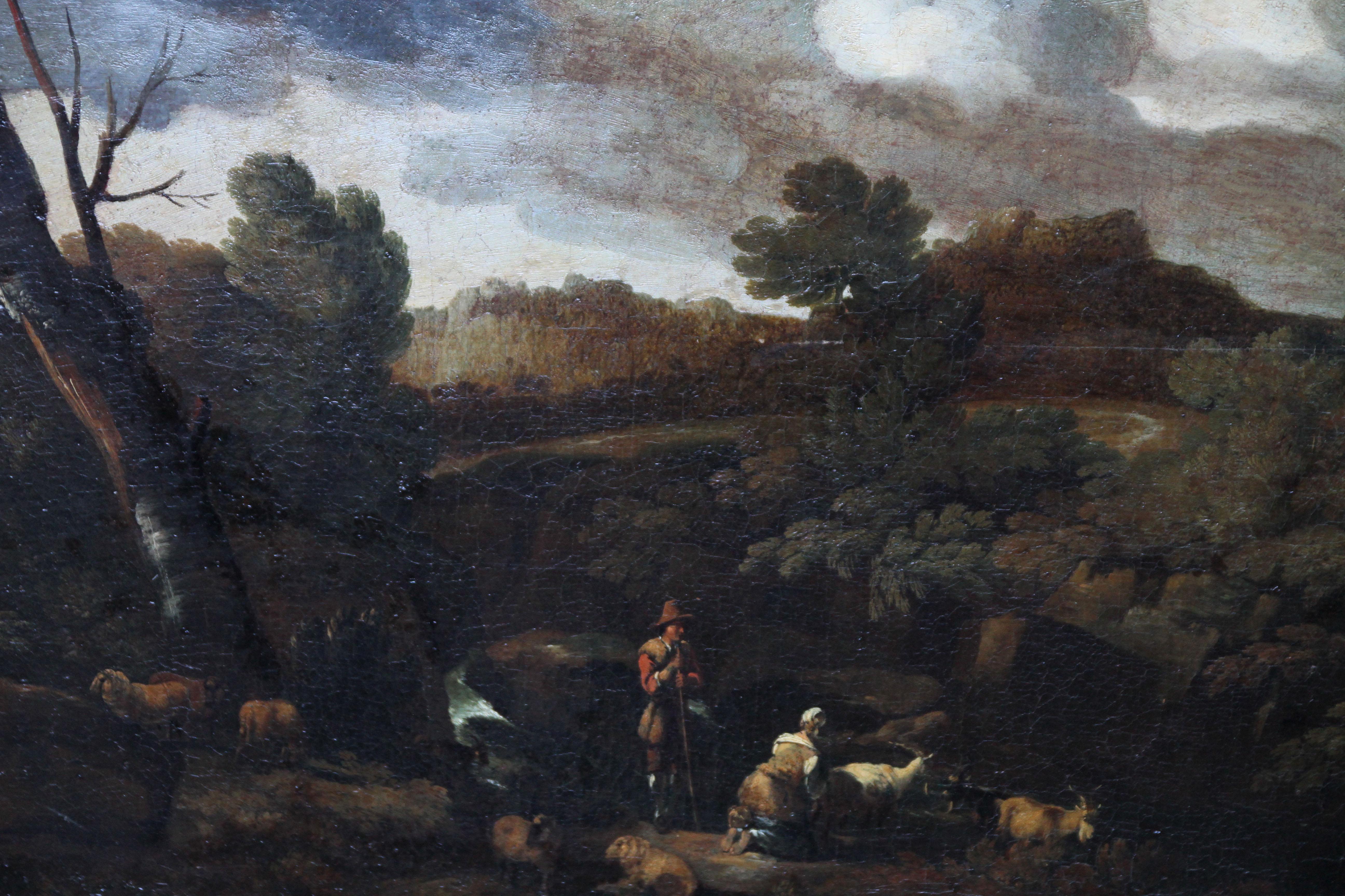 Arcadian Italian Landscape - Old Master 17thC French oil painting herdsman sheep - Maîtres anciens Painting par (Attributed to) Gaspard Dughet