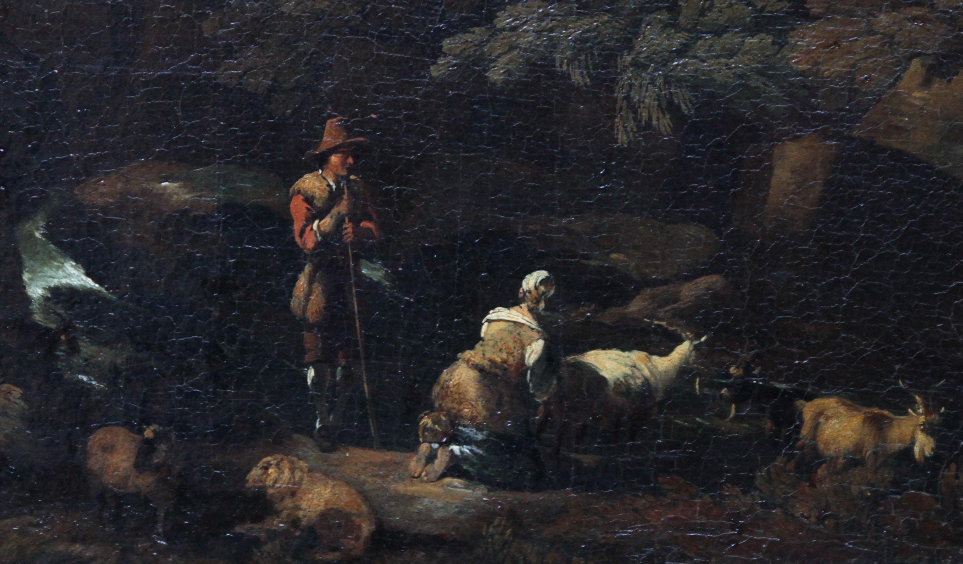 Arcadian Italian Landscape - Old Master 17thC French oil painting herdsman sheep en vente 1