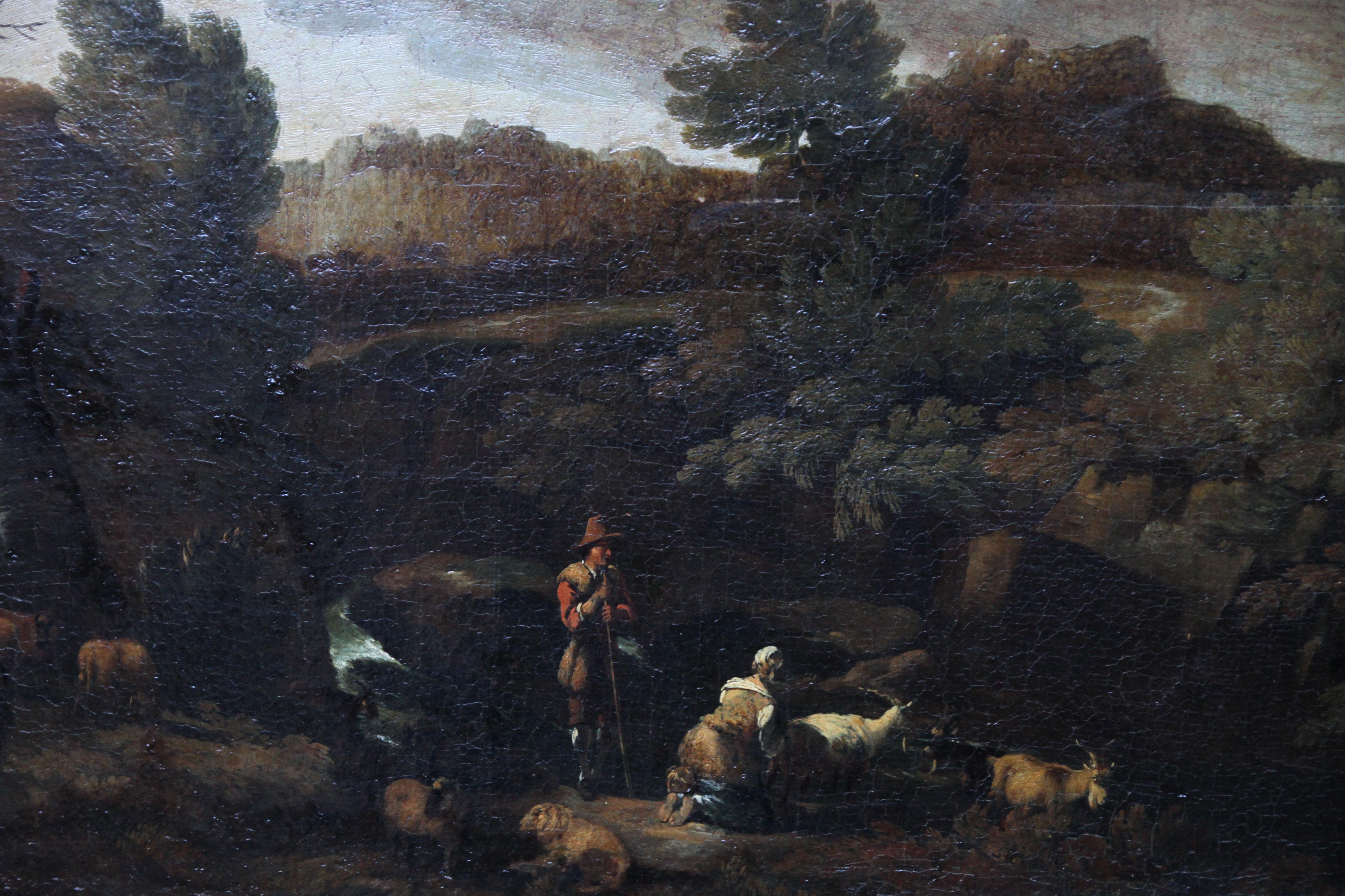 Arcadian Italian Landscape - Old Master 17thC French oil painting herdsman sheep For Sale 1
