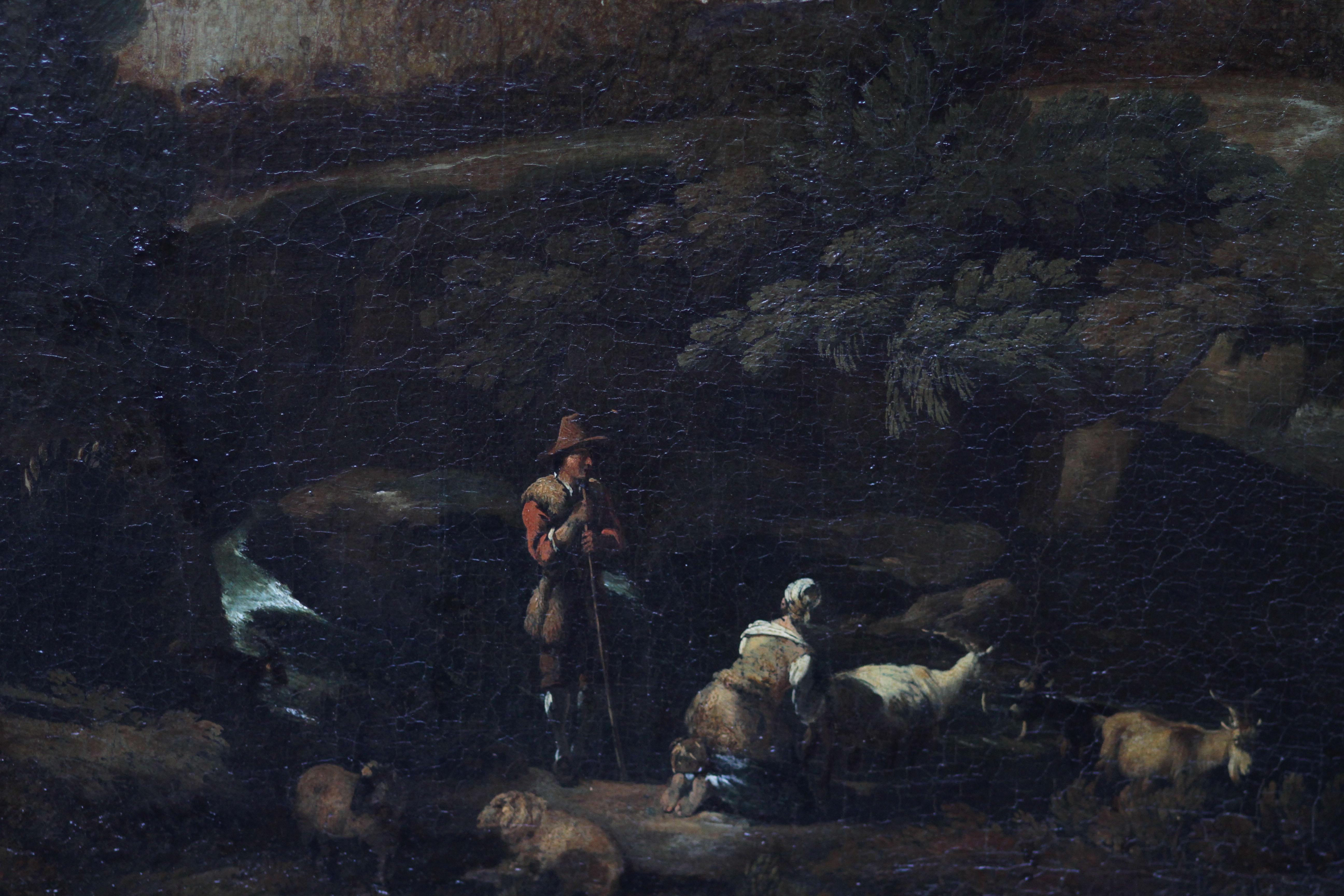 Arcadian Italian Landscape - Old Master 17thC French oil painting herdsman sheep en vente 4