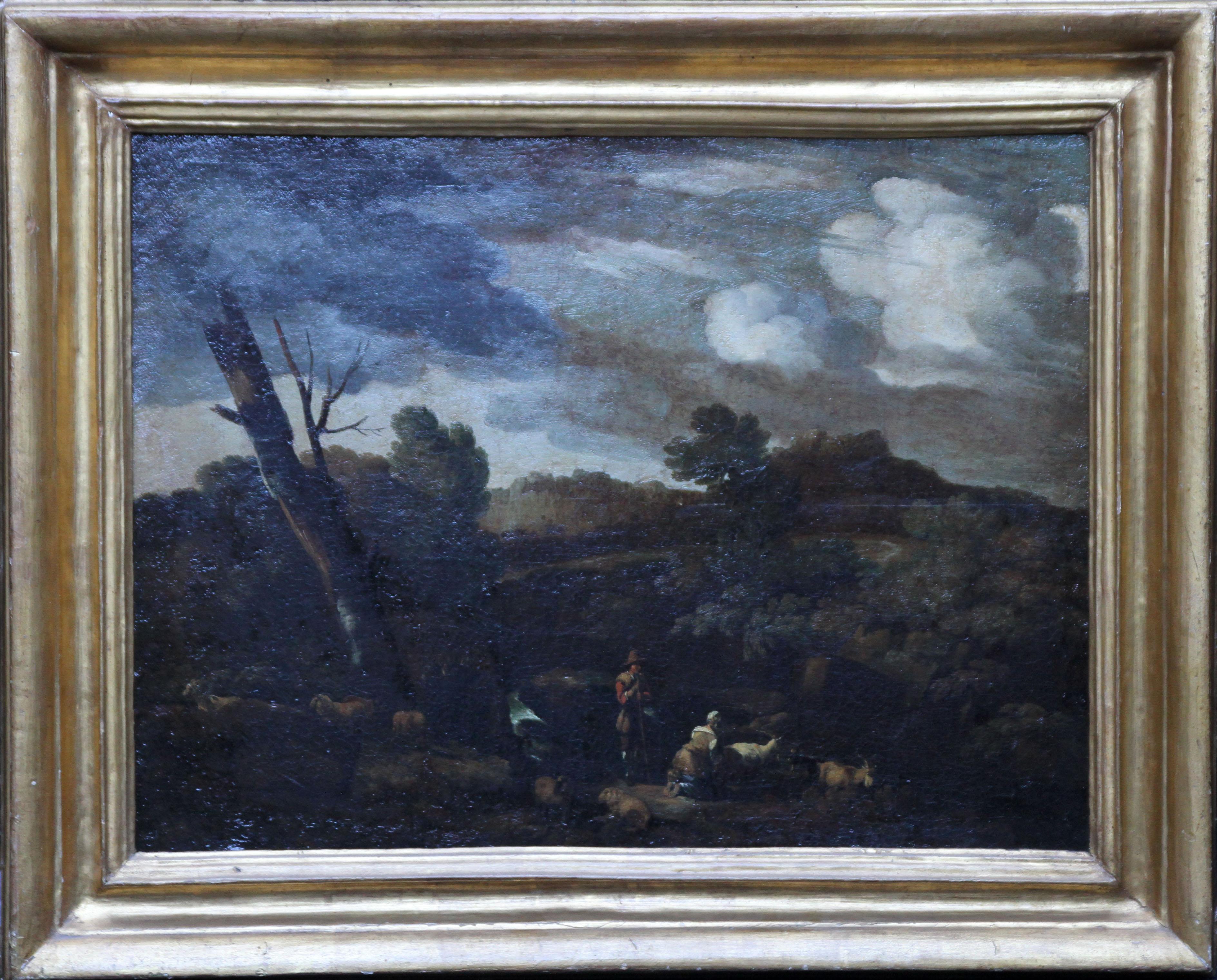 (Attributed to) Gaspard Dughet Animal Painting - Arcadian Italian Landscape - Old Master 17thC French oil painting herdsman sheep