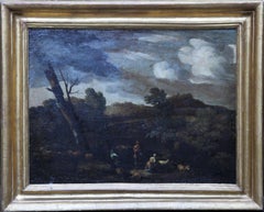 Antique Arcadian Italian Landscape - Old Master 17thC French oil painting herdsman sheep