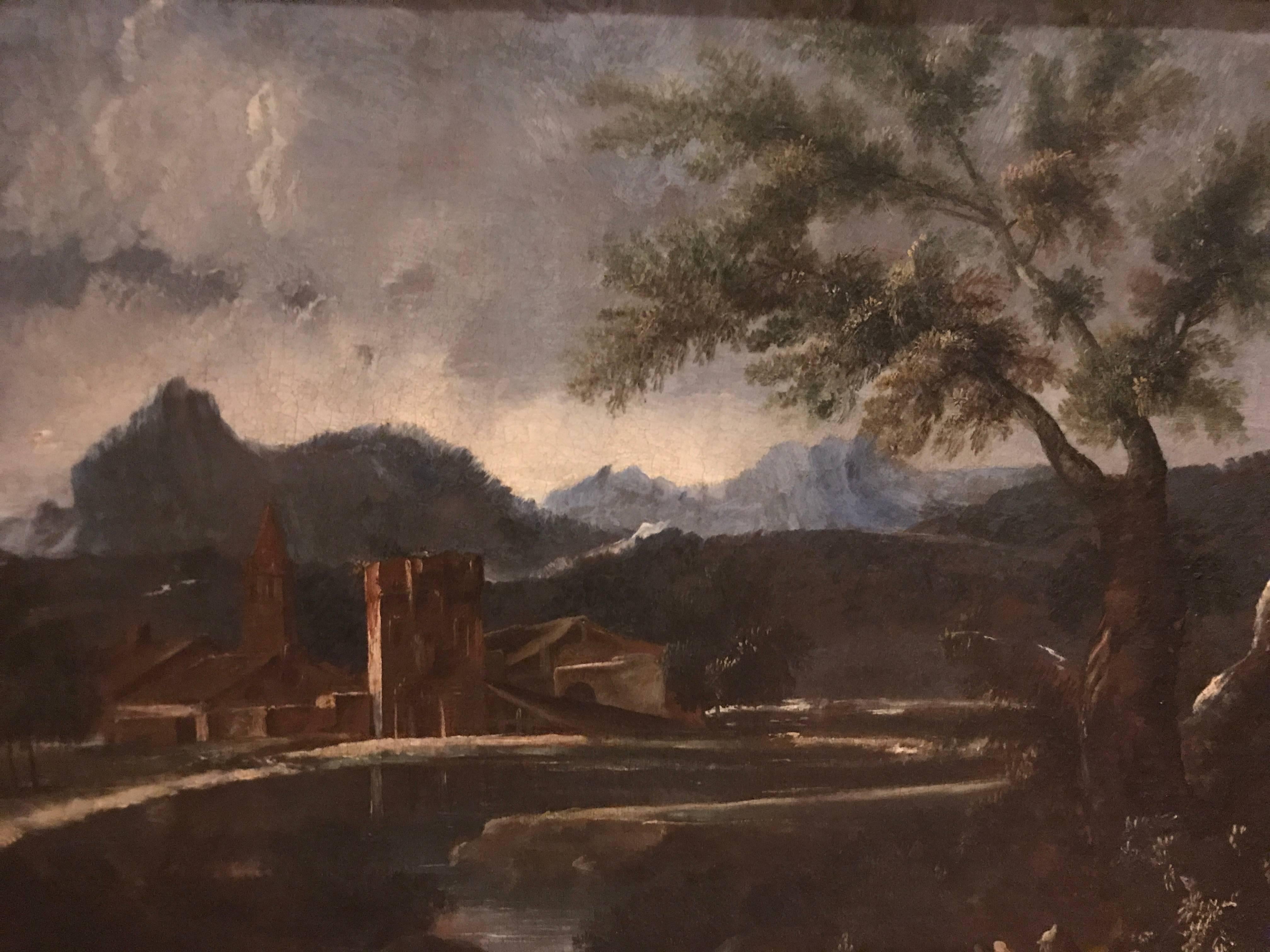 18th Century Italian Landscape Oil Painting with Figures Resting 1