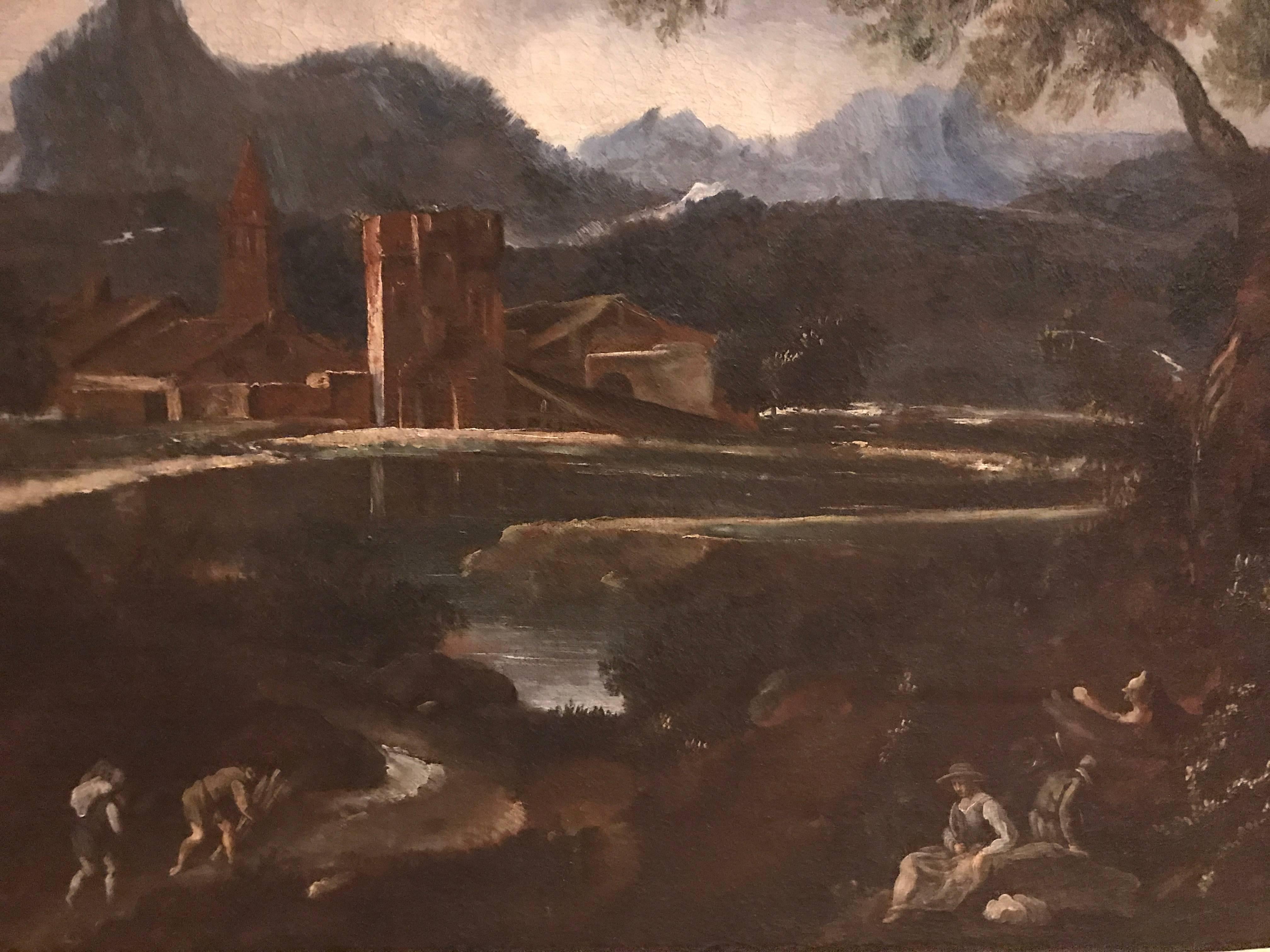 18th Century Italian Landscape Oil Painting with Figures Resting 2