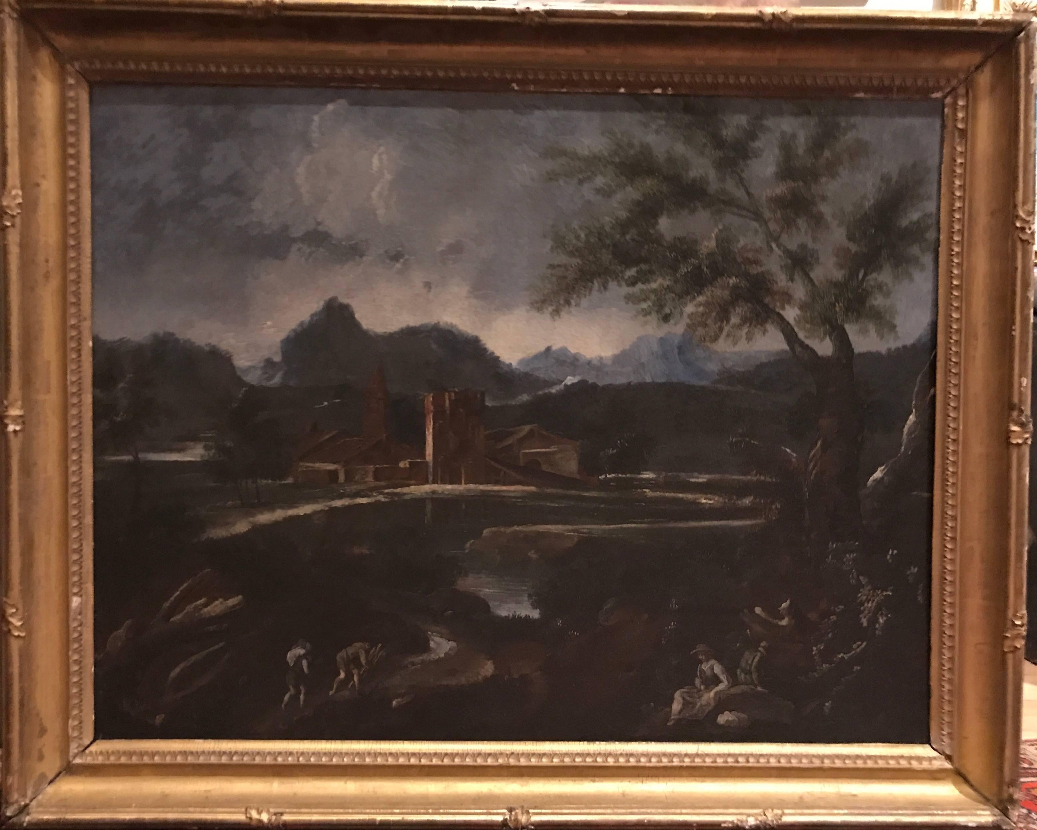 18th Century Italian Landscape Oil Painting with Figures Resting 5