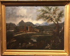 18th Century Italian Landscape Oil Painting with Figures Resting