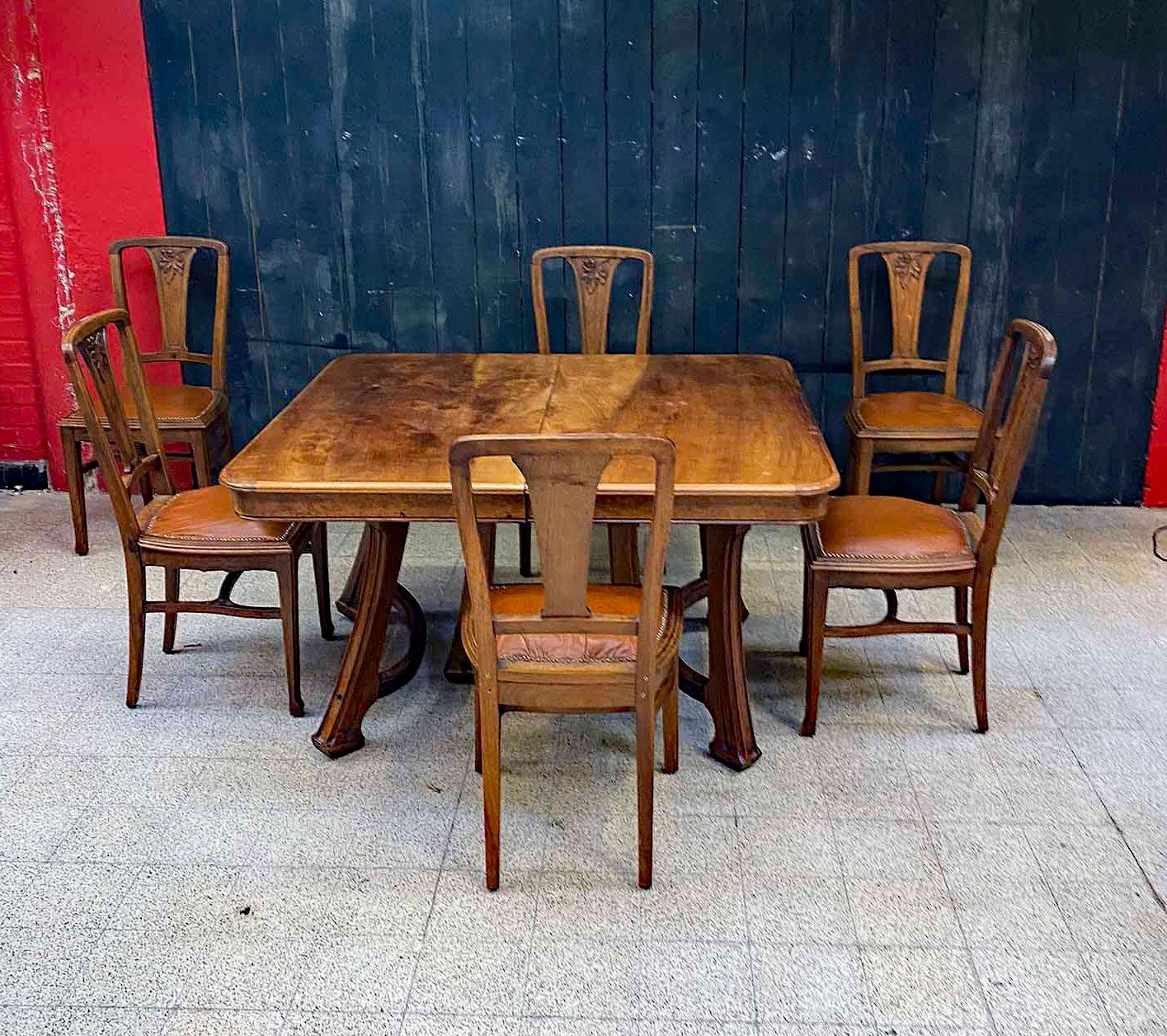 Attributed to Gauthier-Poinsignon & Cie, 6 Art Nouveau Chairs Leather Seats For Sale 6