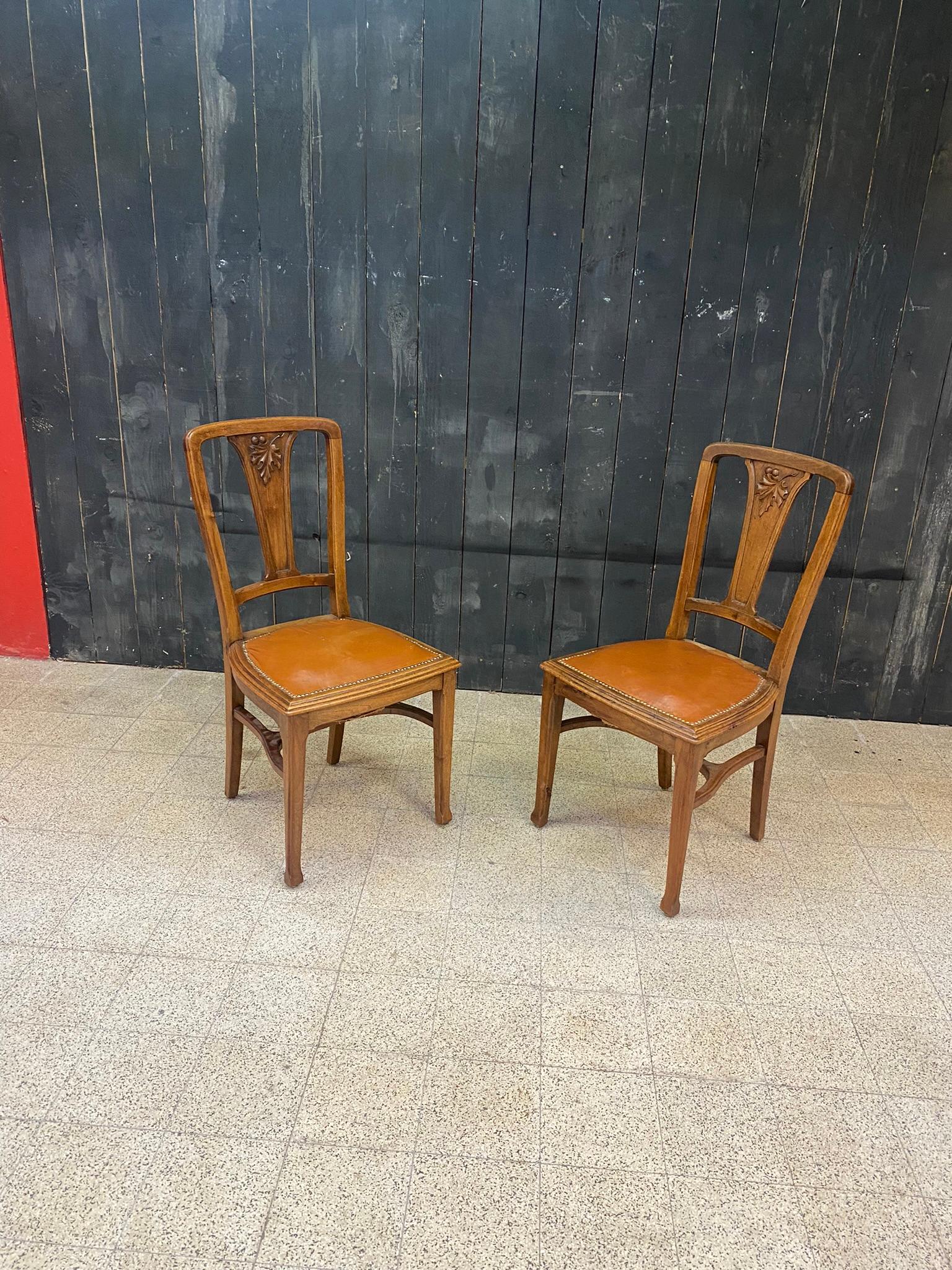 French Attributed to Gauthier-Poinsignon & Cie, 6 Art Nouveau Chairs Leather Seats For Sale