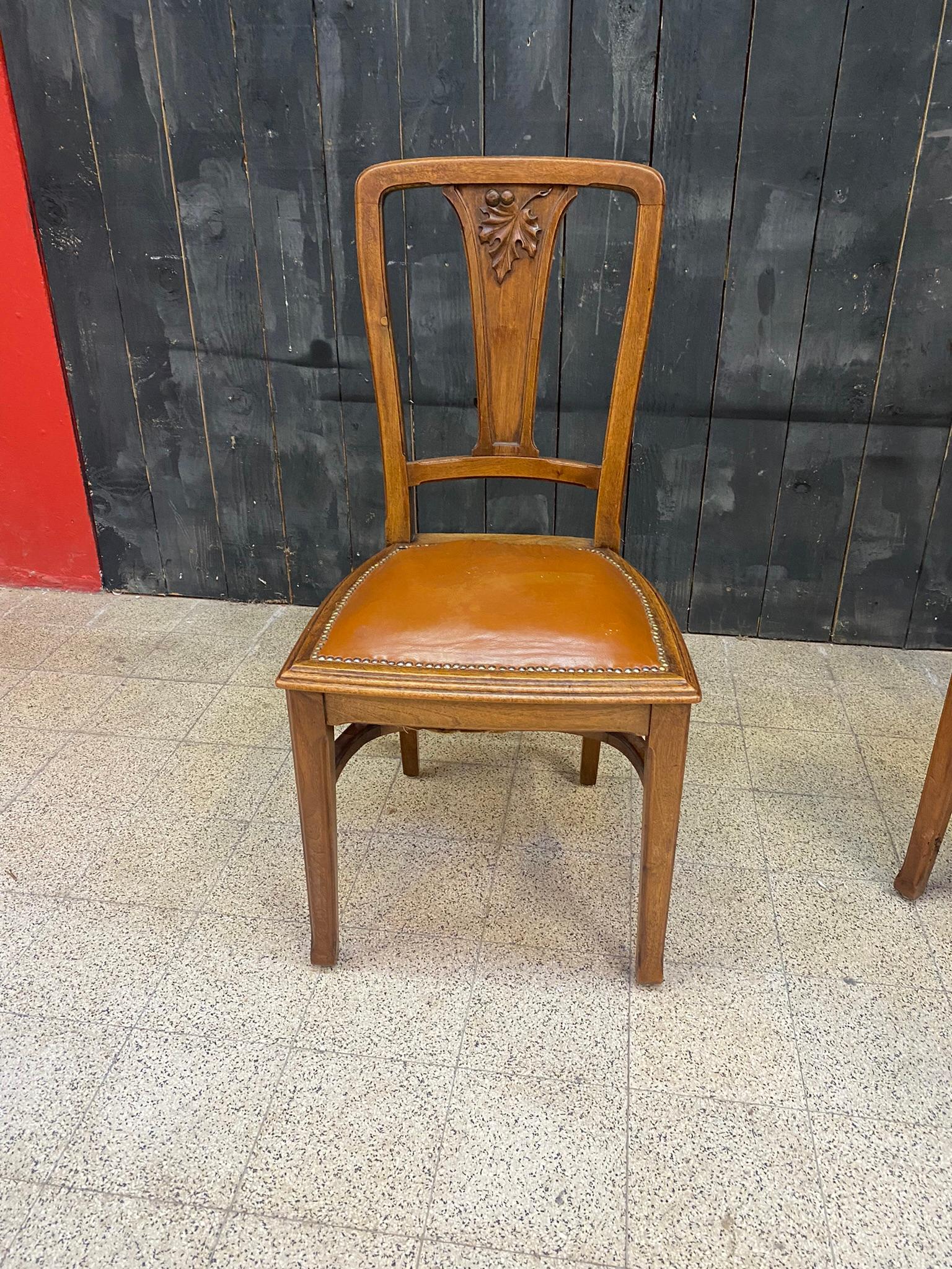 Late 19th Century Attributed to Gauthier-Poinsignon & Cie, 6 Art Nouveau Chairs Leather Seats