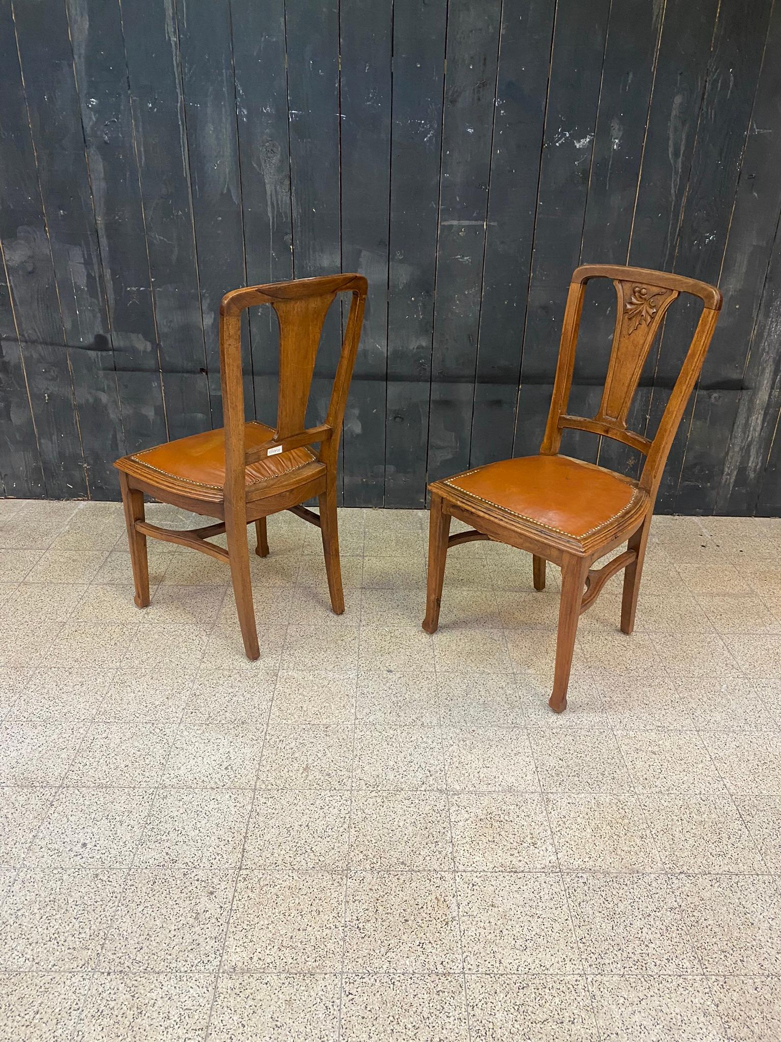 Attributed to Gauthier-Poinsignon & Cie, 6 Art Nouveau Chairs Leather Seats For Sale 2