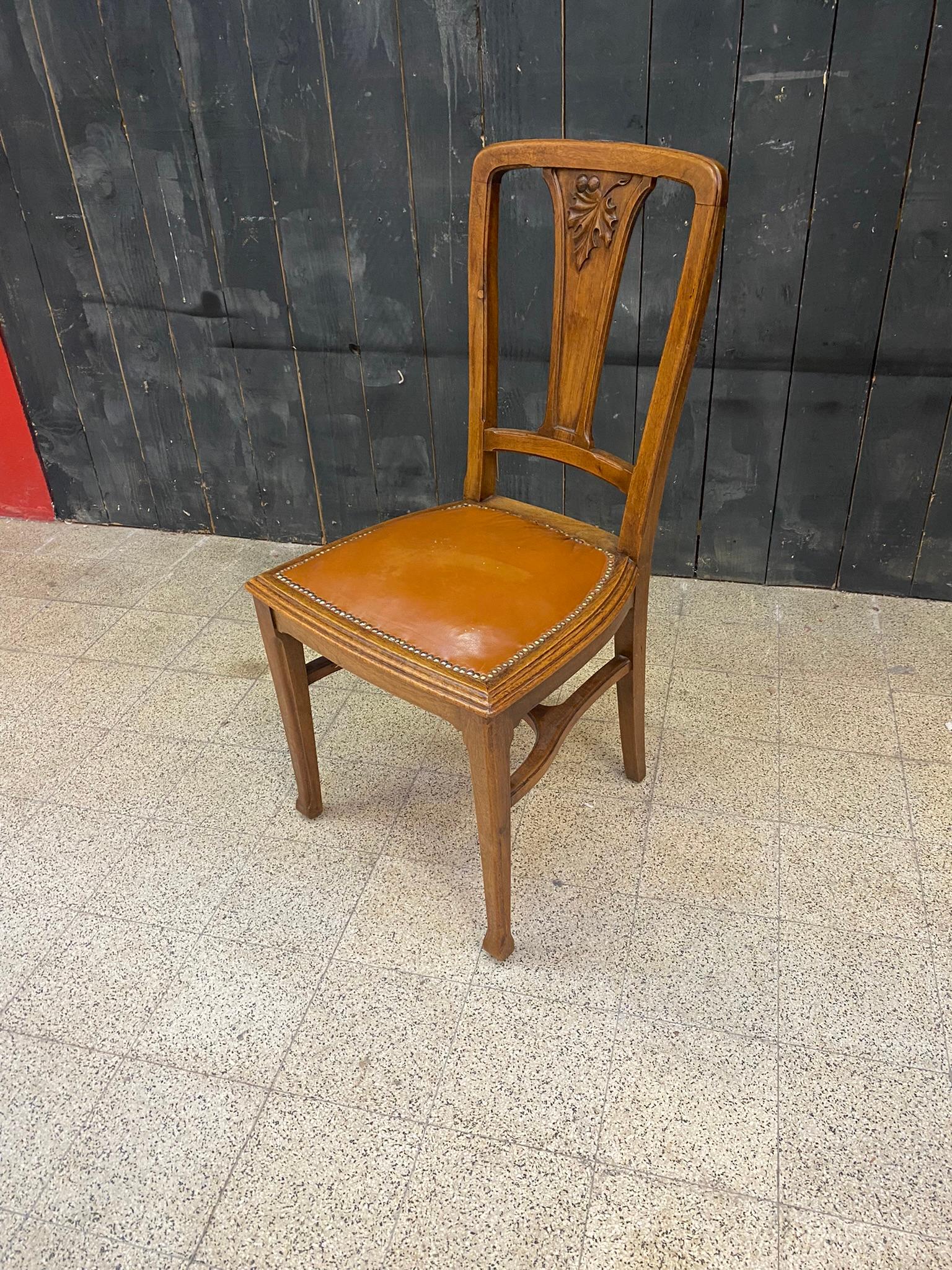 Attributed to Gauthier-Poinsignon & Cie, 6 Art Nouveau Chairs Leather Seats For Sale 3