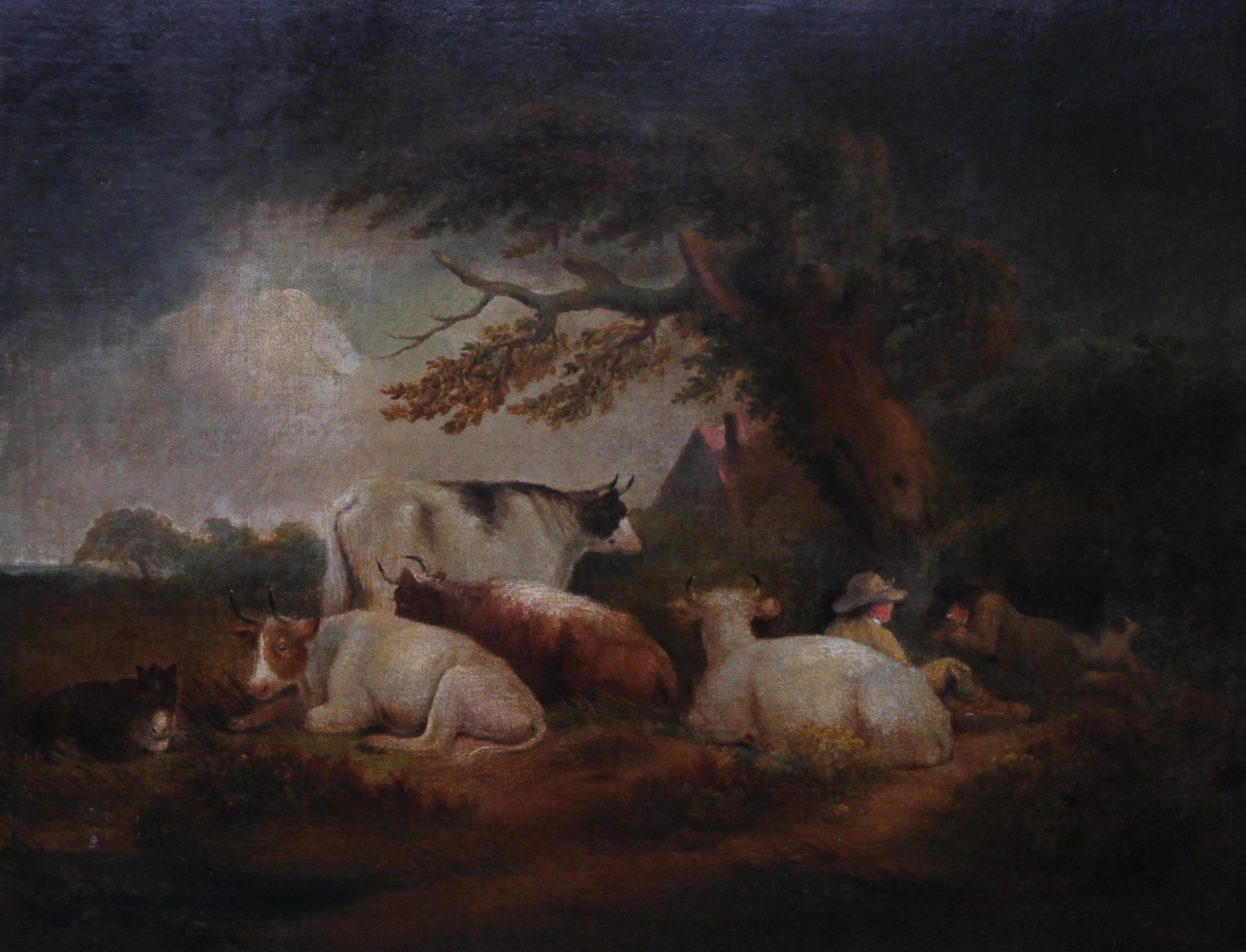 Cattle at Rest in a Landscape - British 18th century art pastoral oil painting - Painting by Attributed to George Morland