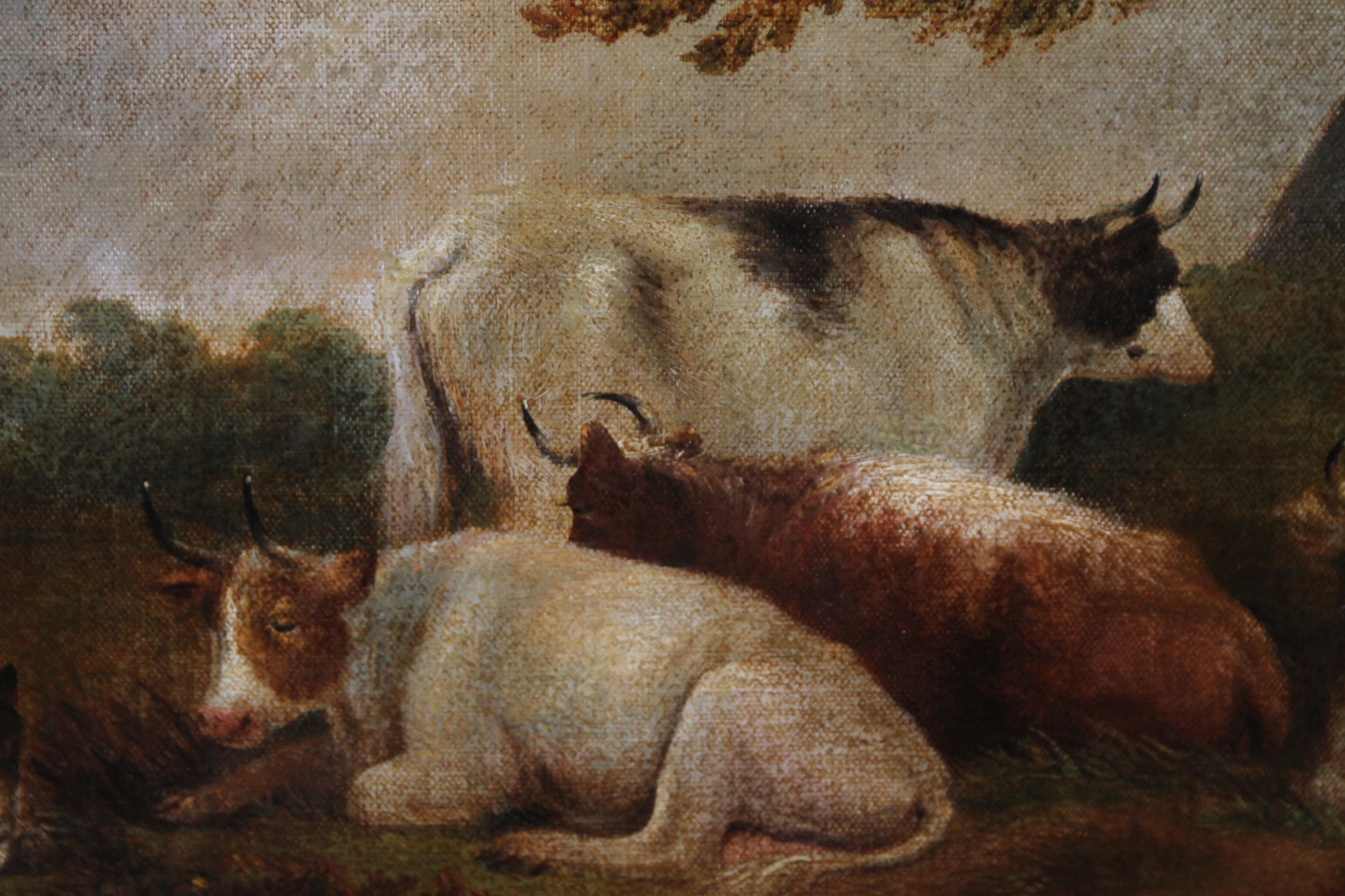 Cattle at Rest in a Landscape - British 18th century art pastoral oil painting - Black Animal Painting by Attributed to George Morland