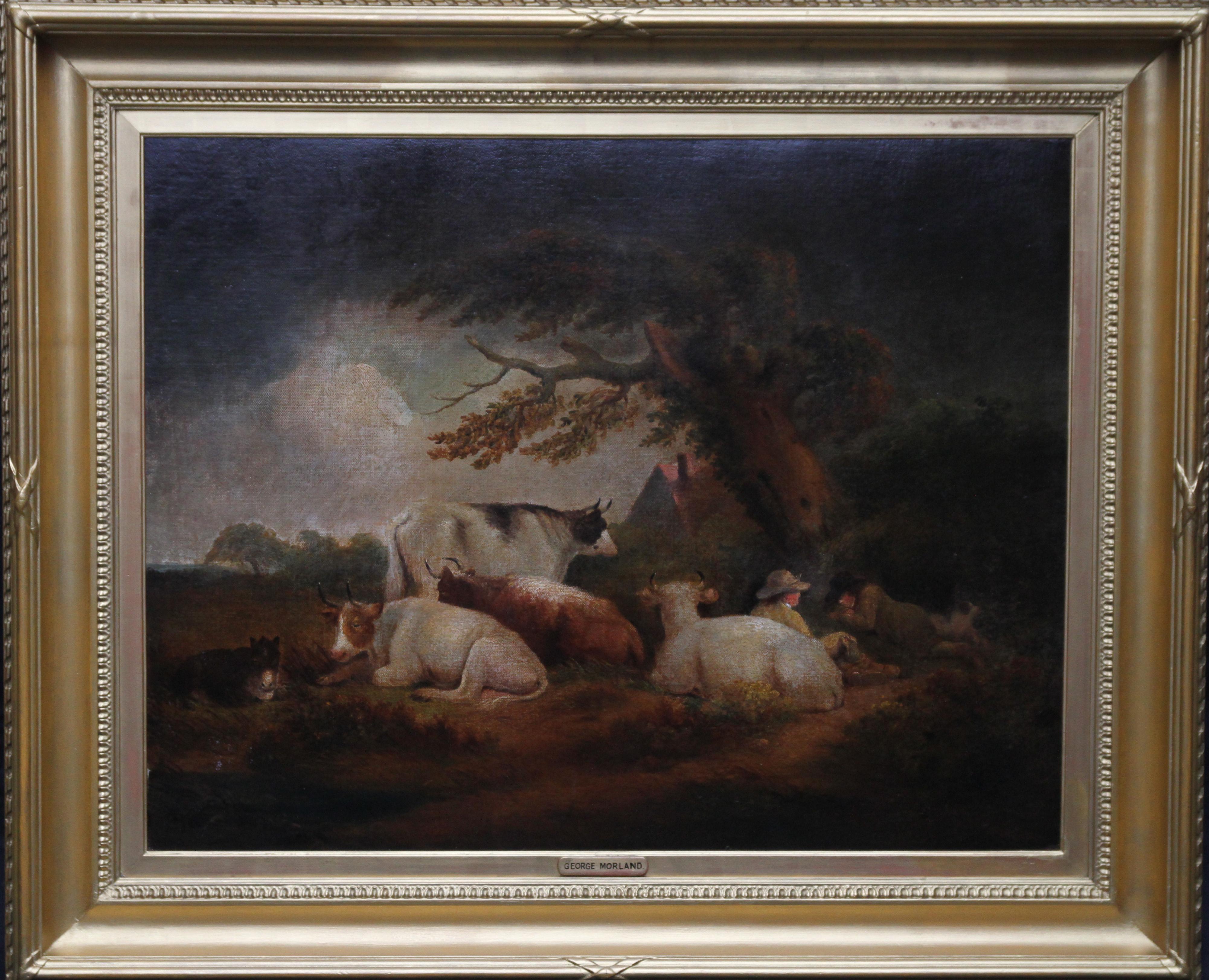 Attributed to George Morland Animal Painting - Cattle at Rest in a Landscape - British 18th century art pastoral oil painting