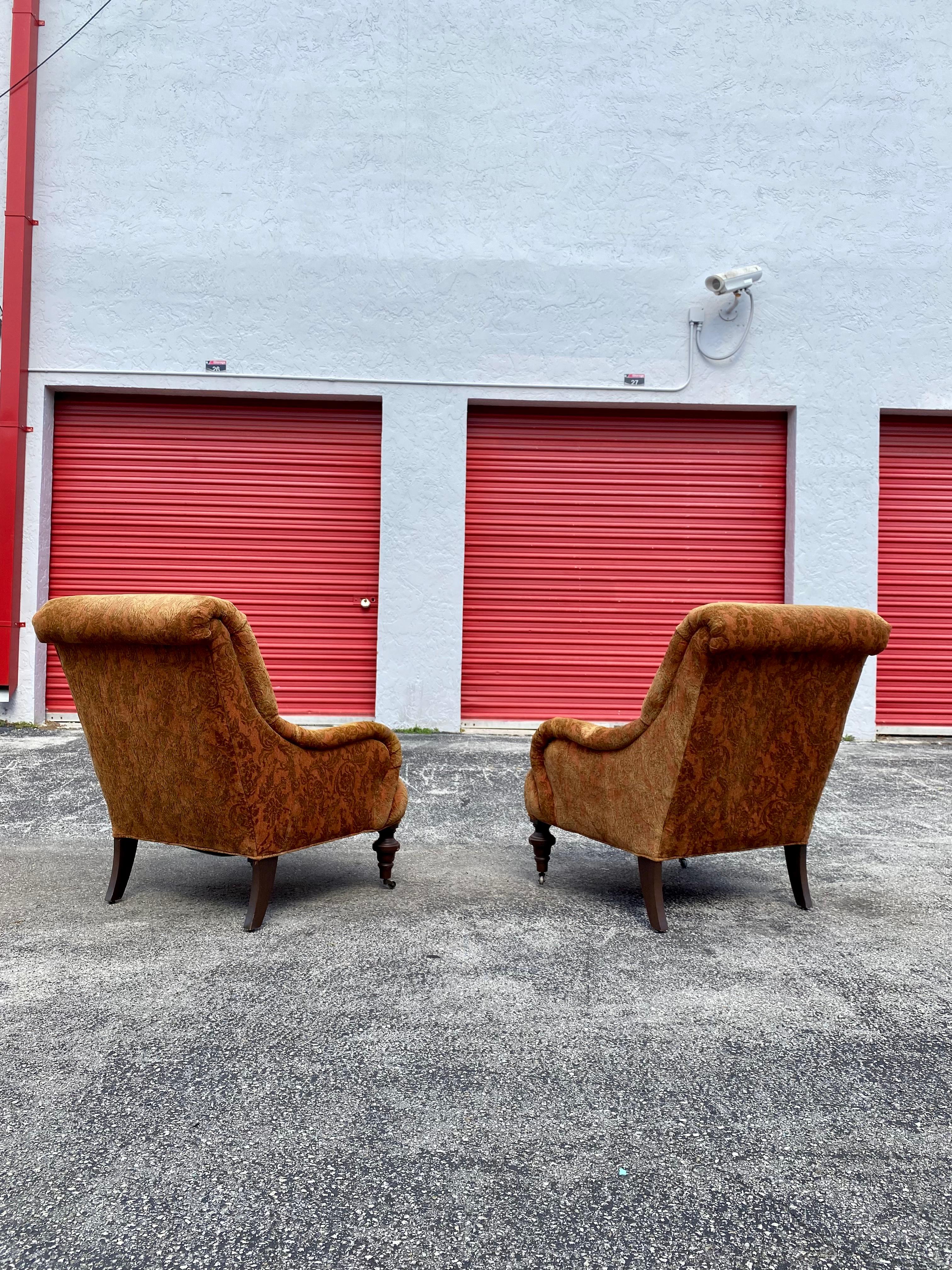 Other Attributed to George Smith Damask Velvet Castors Armchairs & Ottoman, Set of 2 For Sale