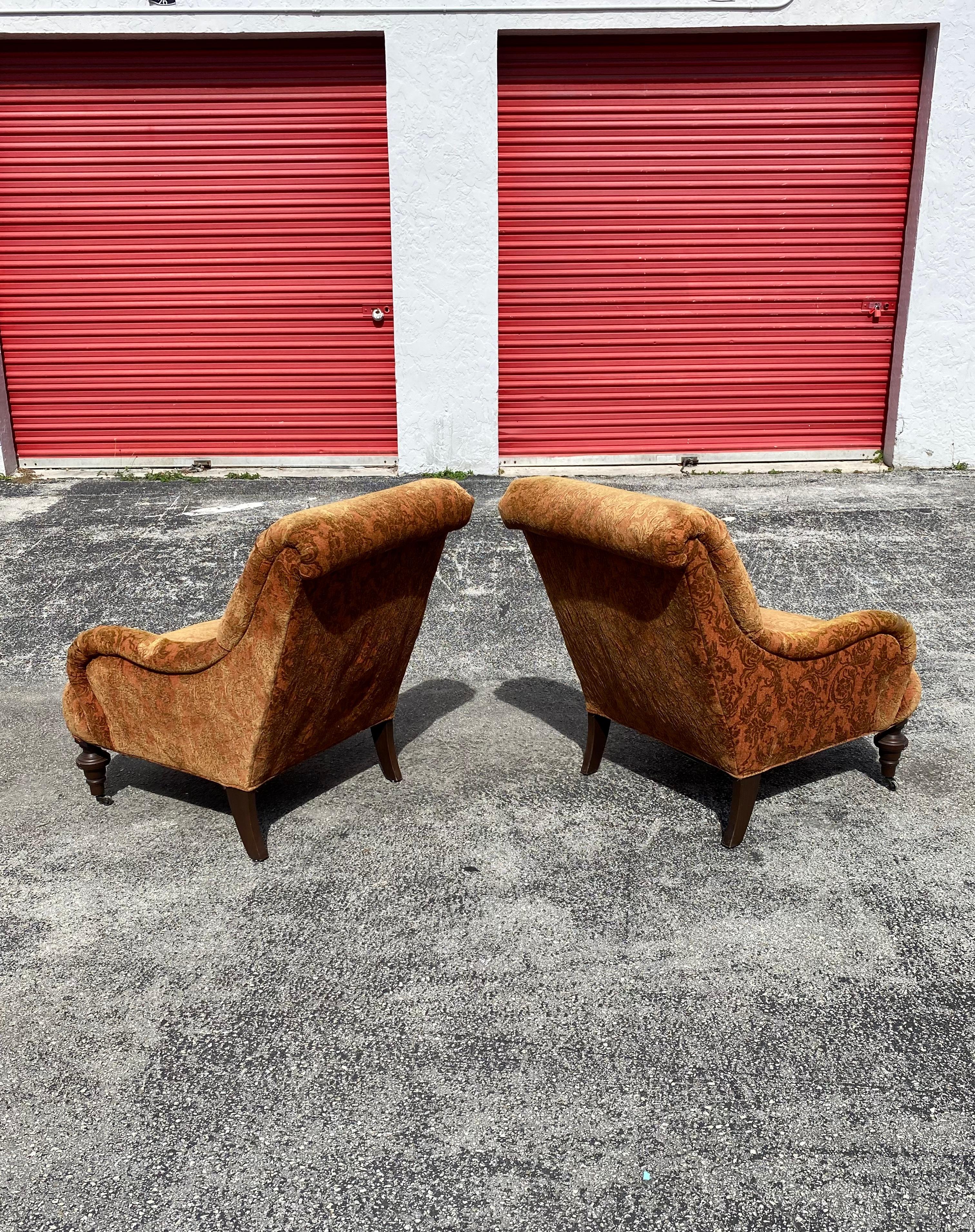 English Attributed to George Smith Damask Velvet Castors Armchairs & Ottoman, Set of 2 For Sale