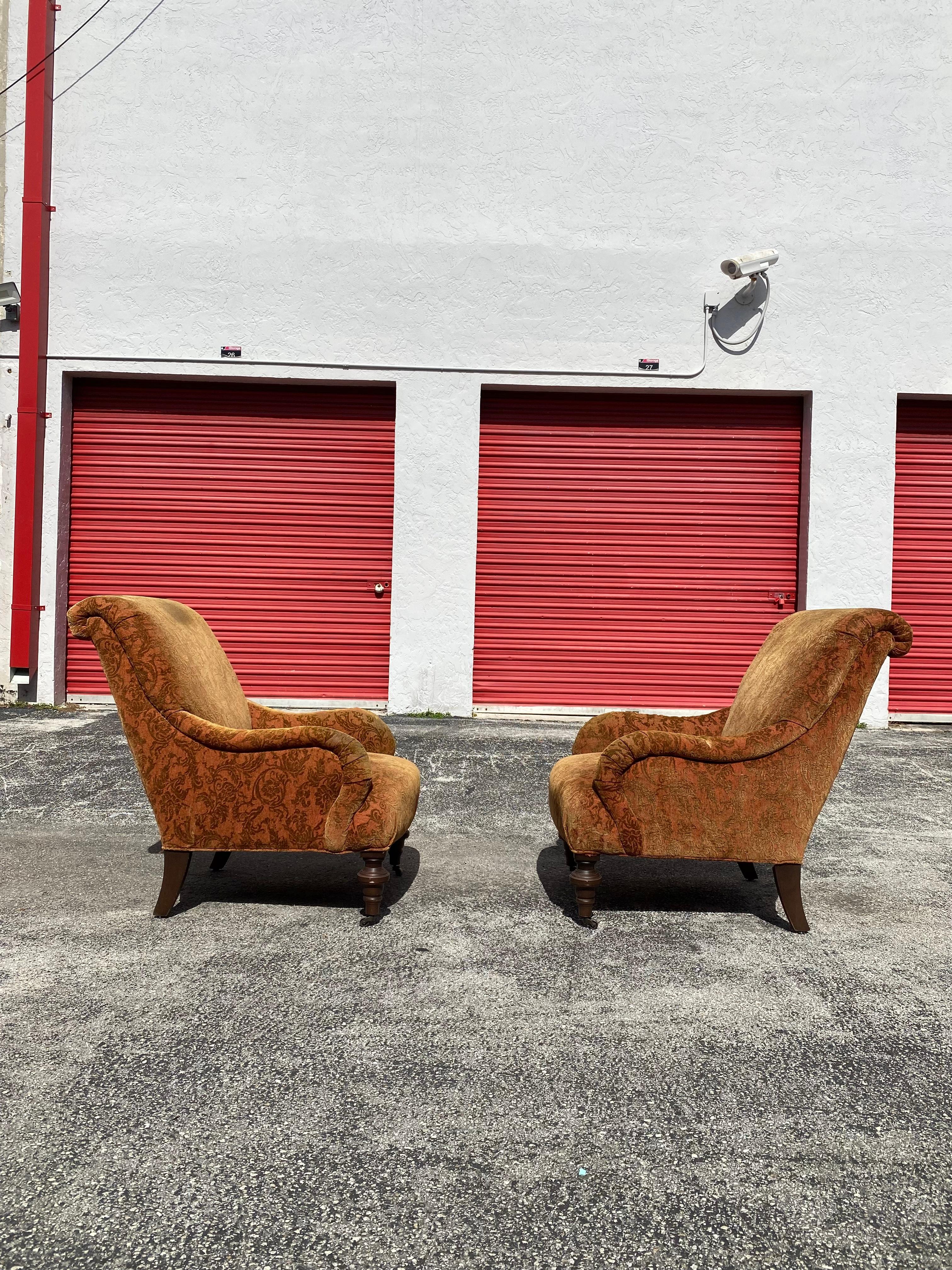Attributed to George Smith Damask Velvet Castors Armchairs & Ottoman, Set of 2 In Good Condition For Sale In Fort Lauderdale, FL
