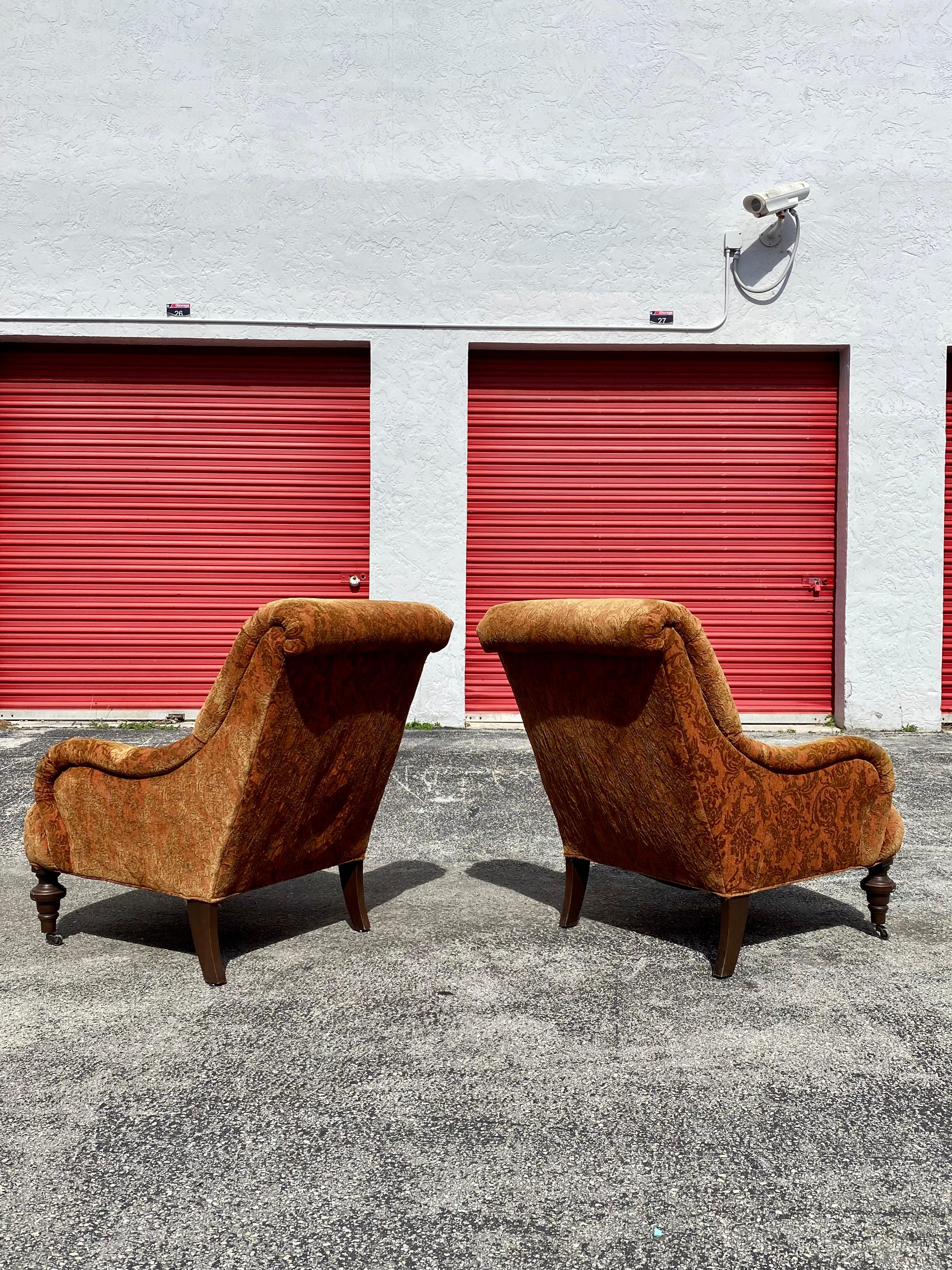 Late 20th Century Attributed to George Smith Damask Velvet Castors Armchairs & Ottoman, Set of 2 For Sale