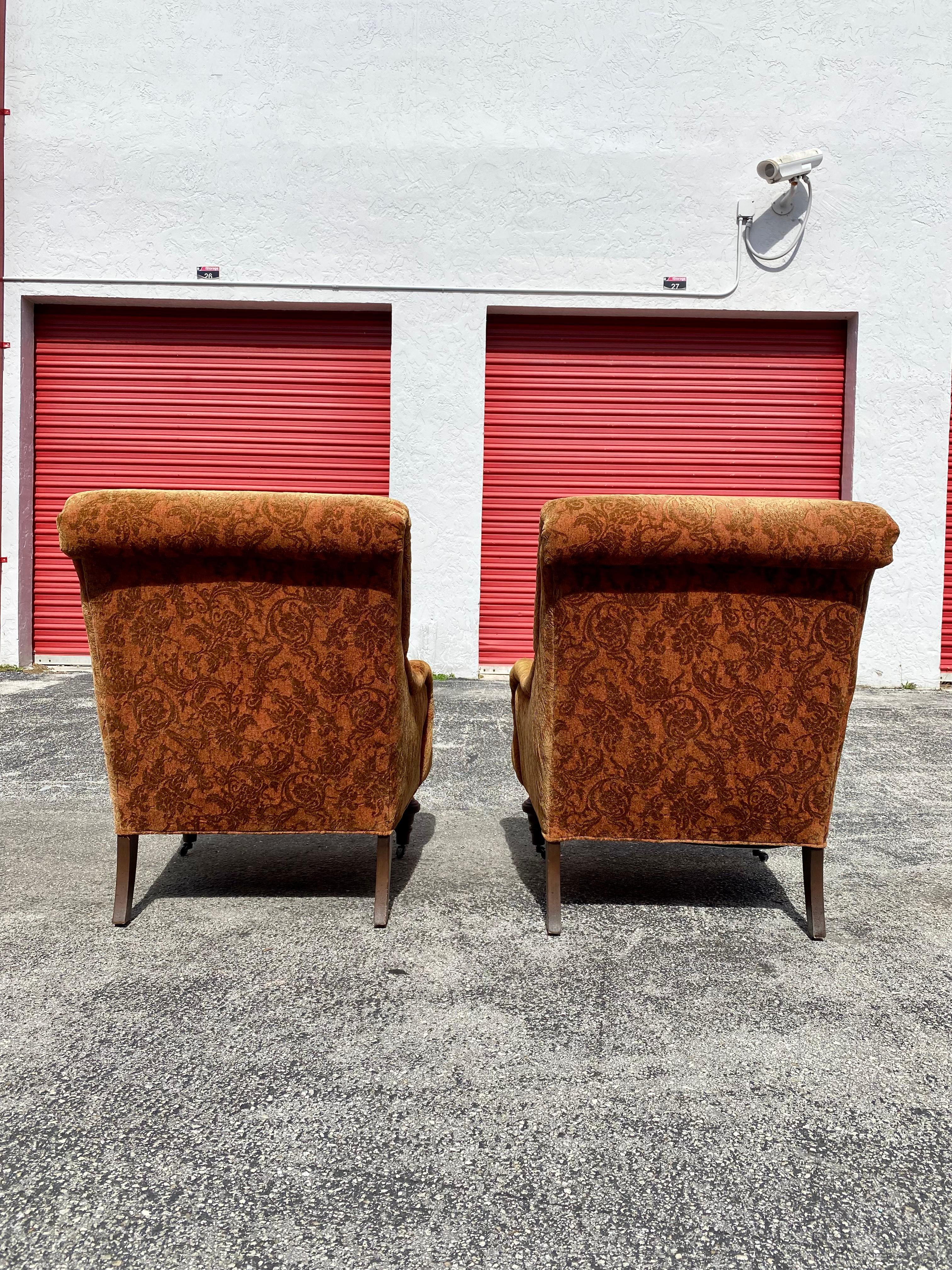 Brass Attributed to George Smith Damask Velvet Castors Armchairs & Ottoman, Set of 2 For Sale