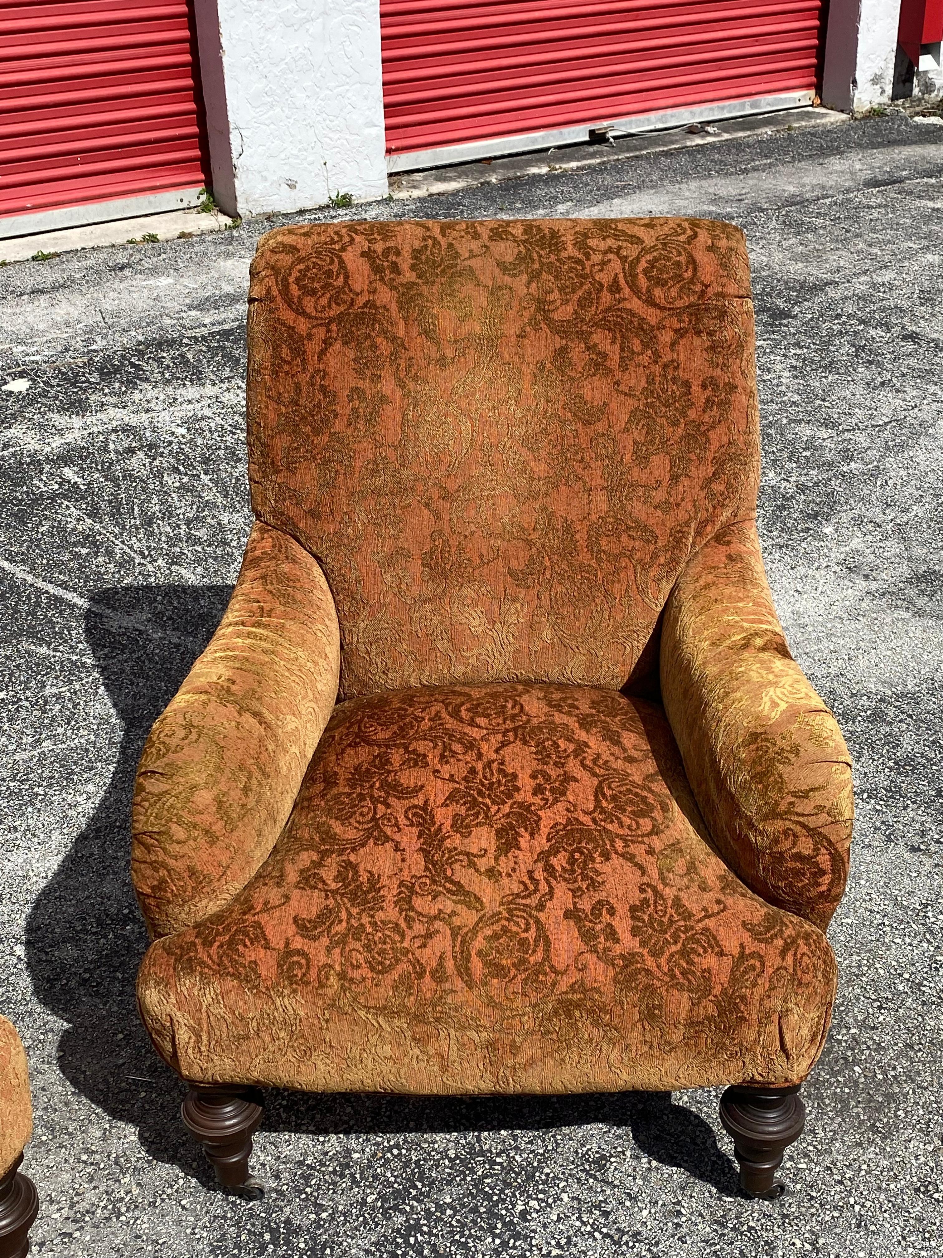 Attributed to George Smith Damask Velvet Castors Armchairs & Ottoman, Set of 2 For Sale 1