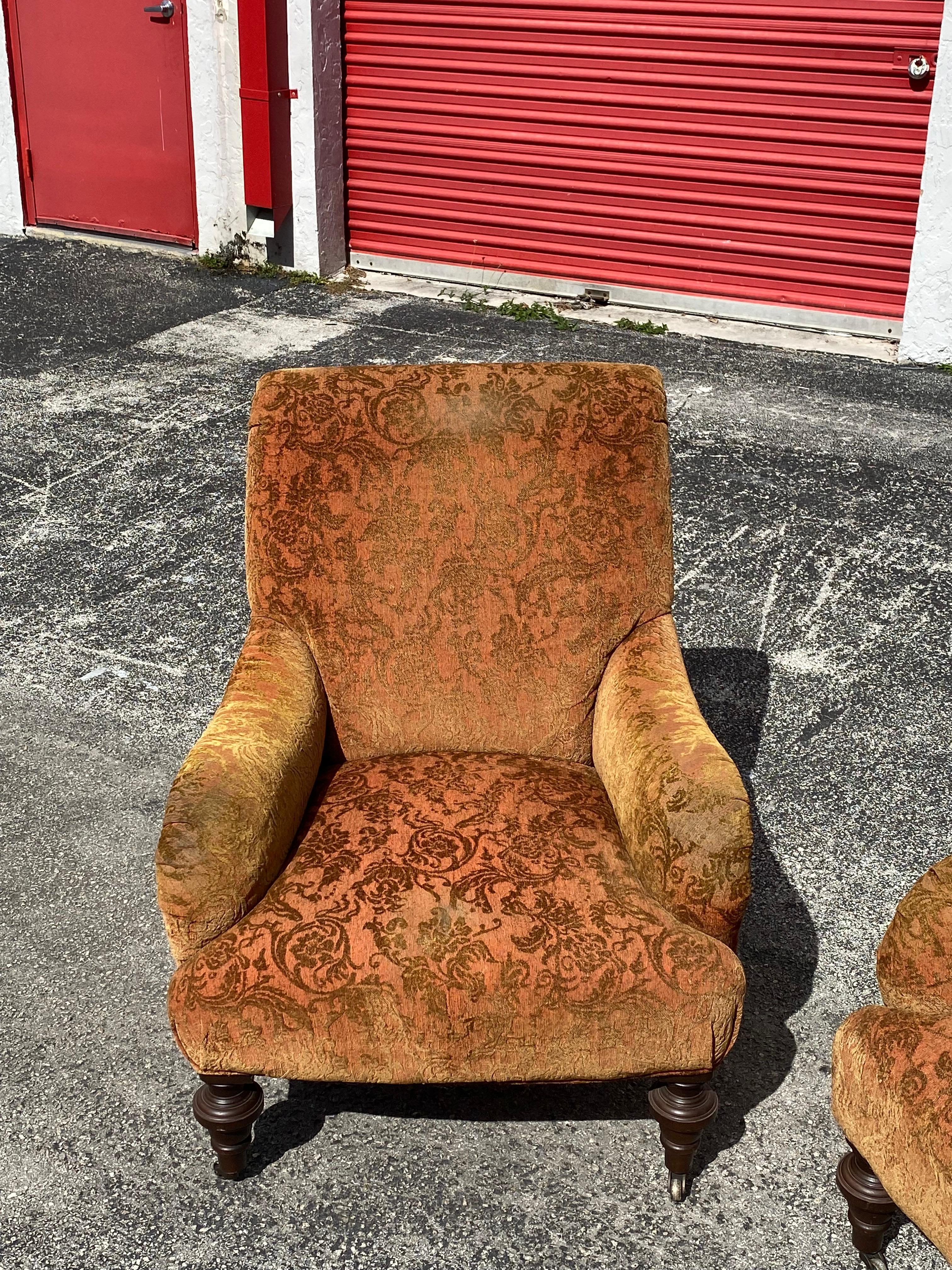 Attributed to George Smith Damask Velvet Castors Armchairs & Ottoman, Set of 2 For Sale 2