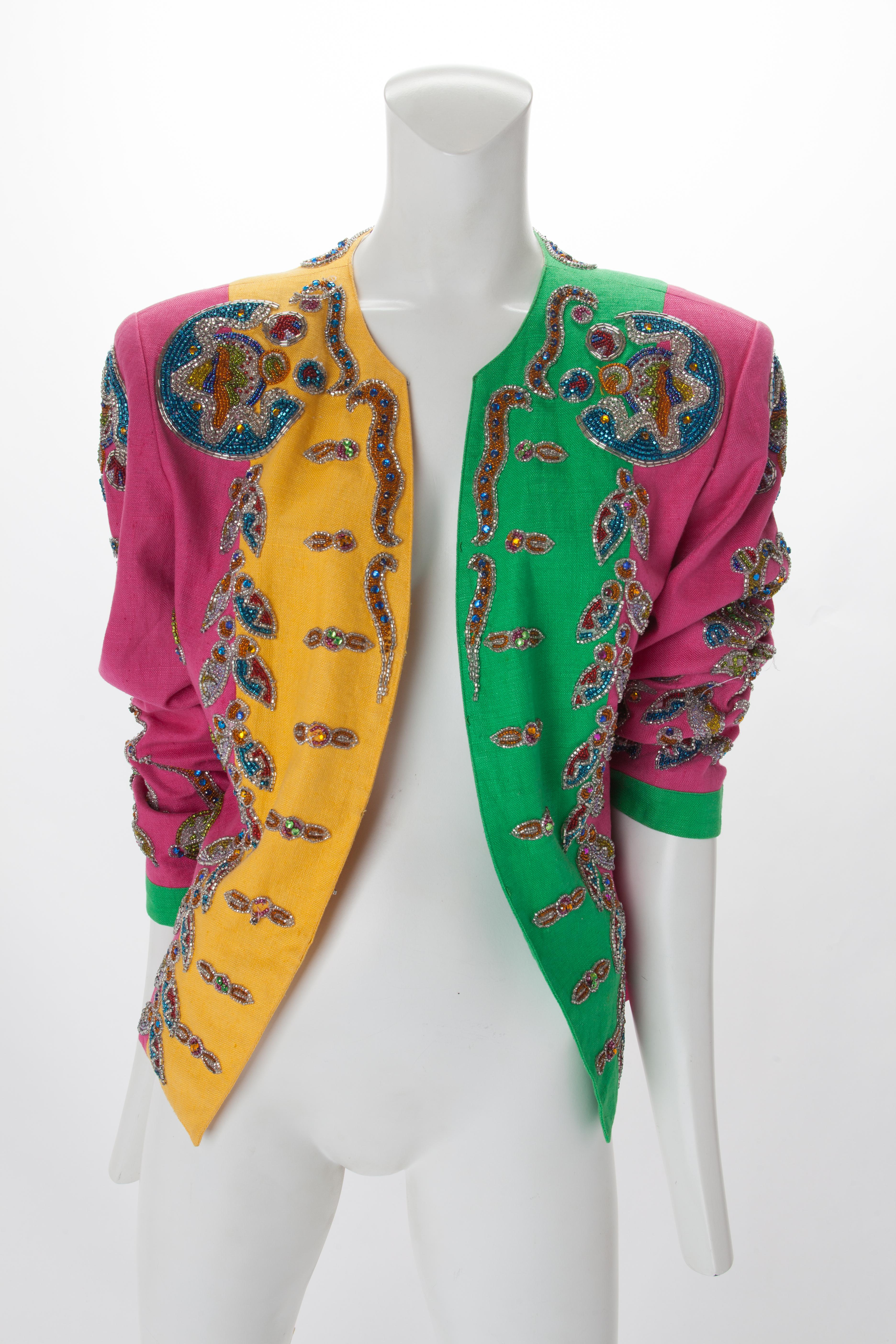 Brown Attributed to Gianni Versace Colorblock Linen Jacket with Beading, c.1991. For Sale