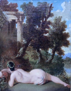 Old Master Dutch Female Nude Arcadian Landscape - 19th century art oil painting
