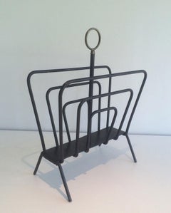 Black Lacquered Metal and Brass Magazine Rack Attributed to Jacques Adnet